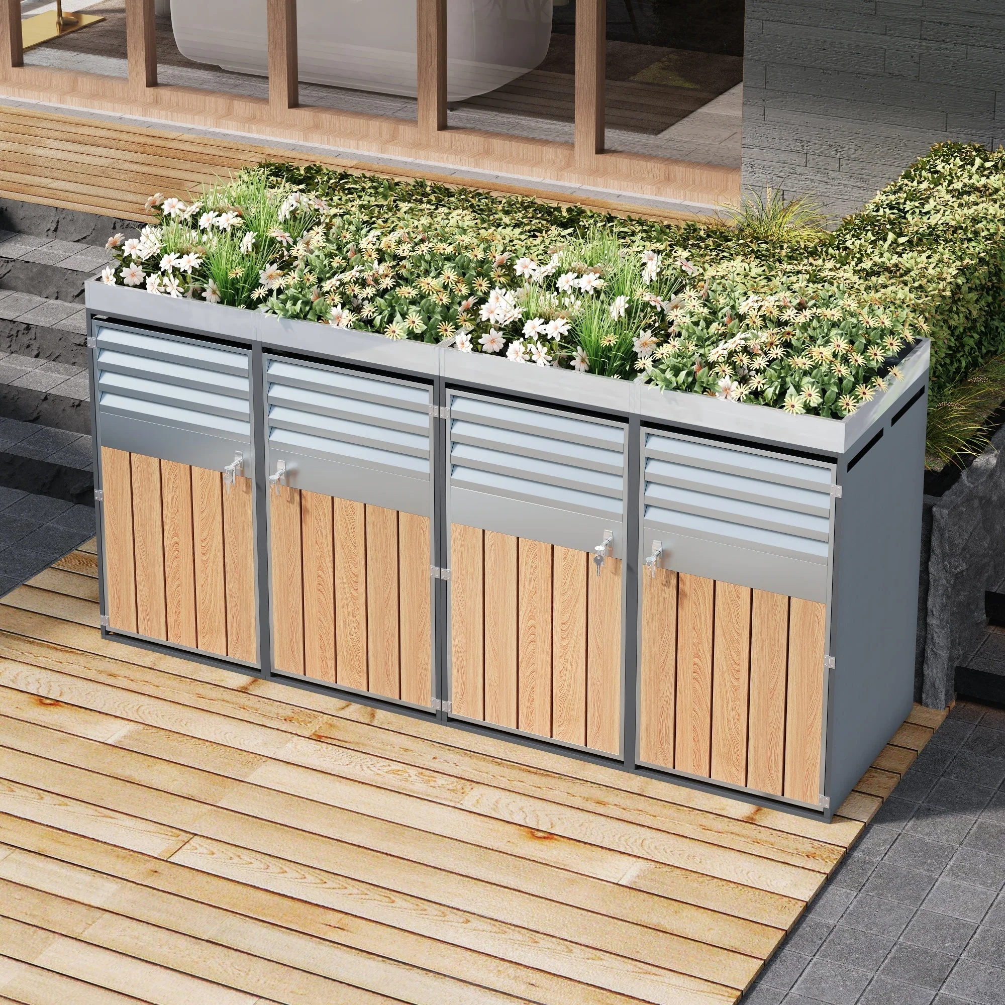 Garbage Can Enclosure with Ventilated Louvers, Lockable Four Doors and Planting Area, Galvanized Steel - Image 6