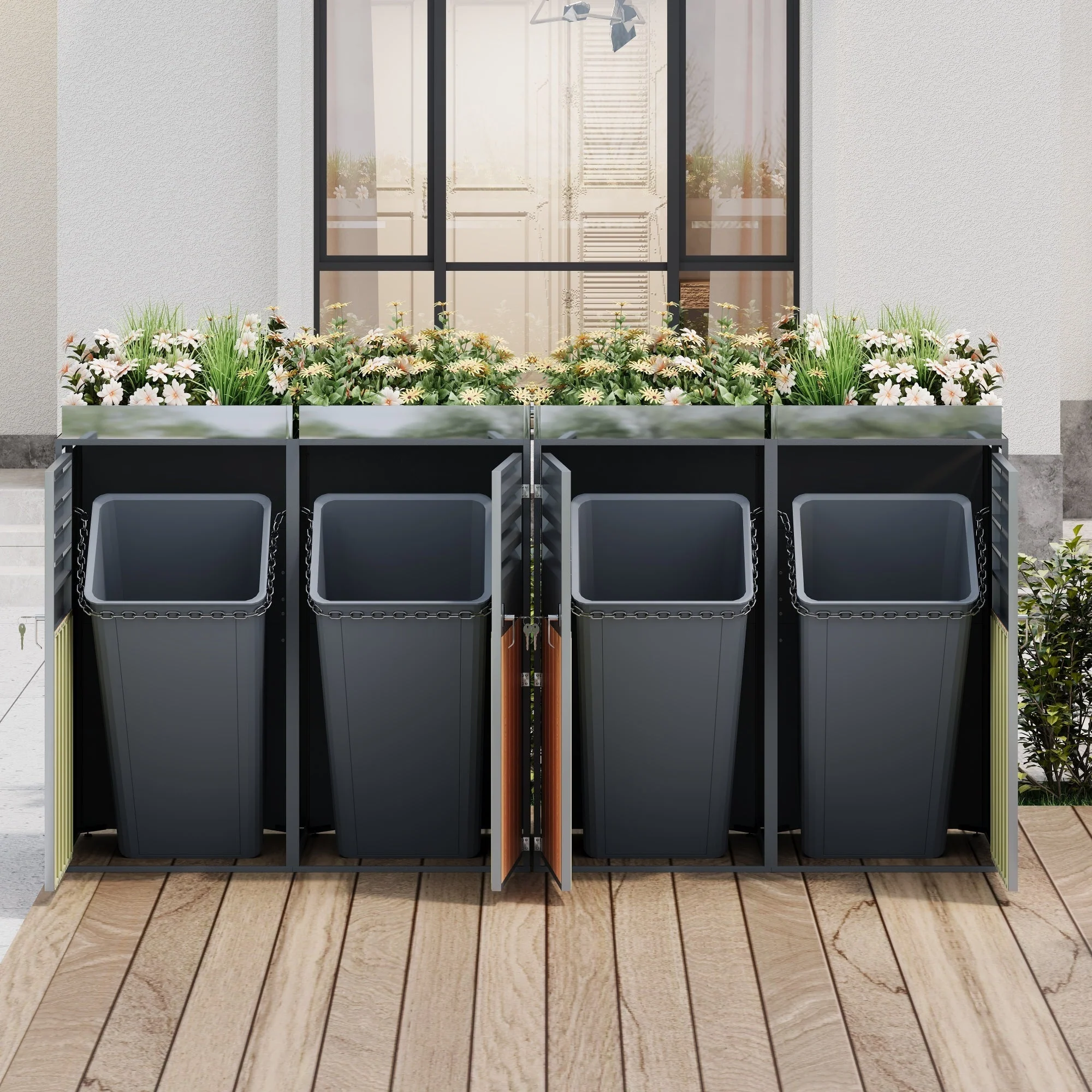 Garbage Can Enclosure with Ventilated Louvers, Lockable Four Doors and Planting Area, Galvanized Steel - Image 9