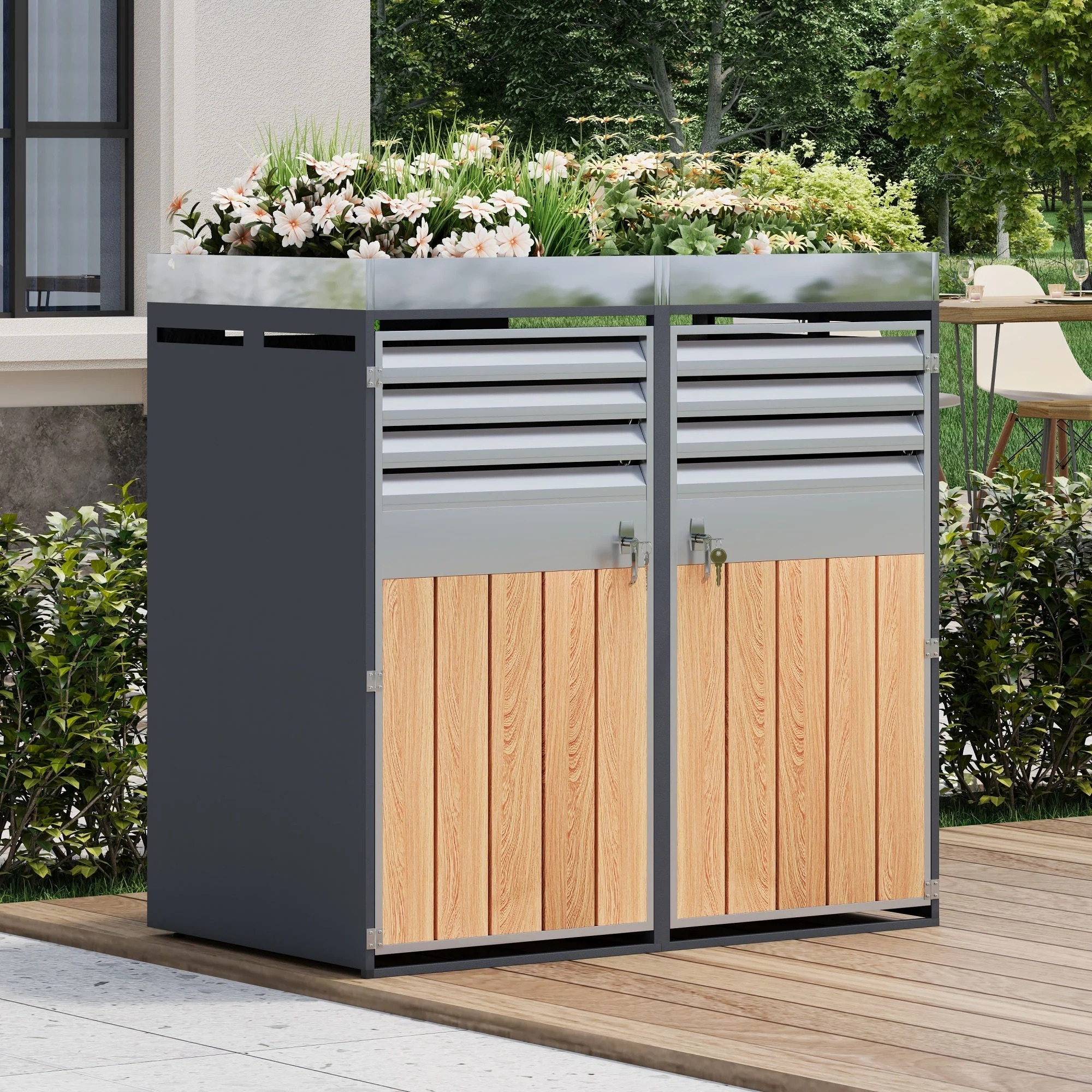 Garbage Can Enclosure with Ventilated Storage, Lockable Double Doors and Planting Area, Galvanized Steel - Image 5