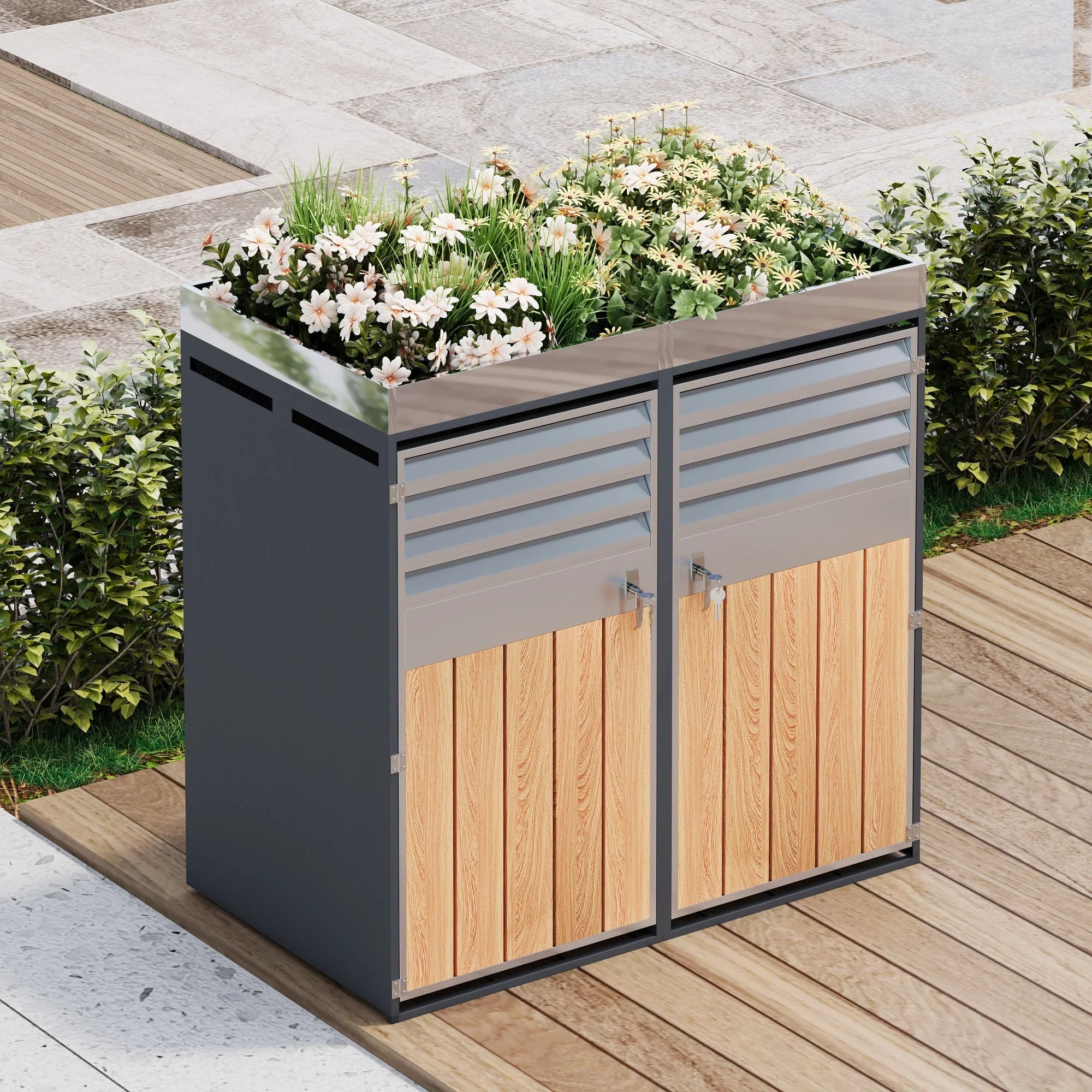 Garbage Can Enclosure with Ventilated Storage, Lockable Double Doors and Planting Area, Galvanized Steel - Image 6