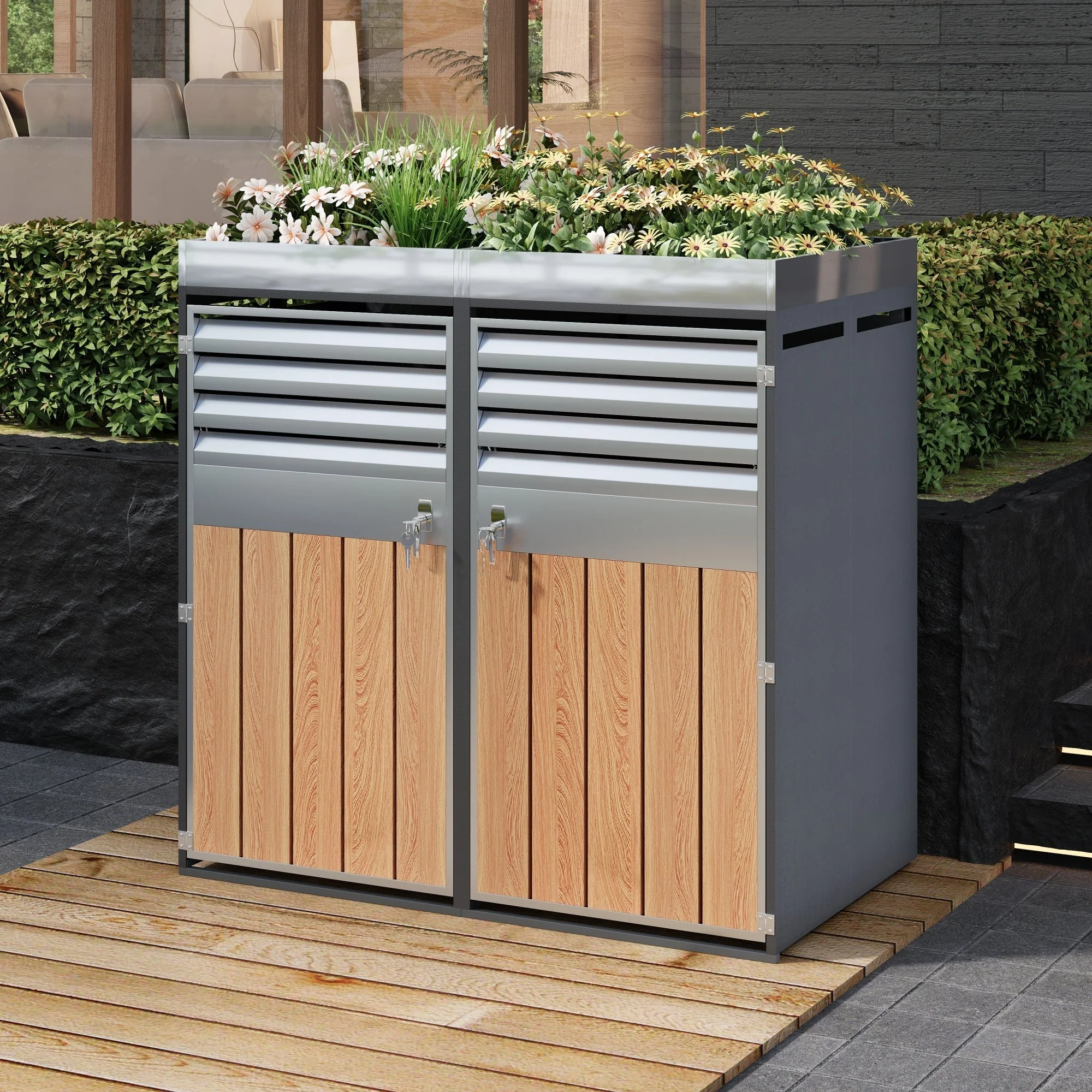Garbage Can Enclosure with Ventilated Storage, Lockable Double Doors and Planting Area, Galvanized Steel - Image 8