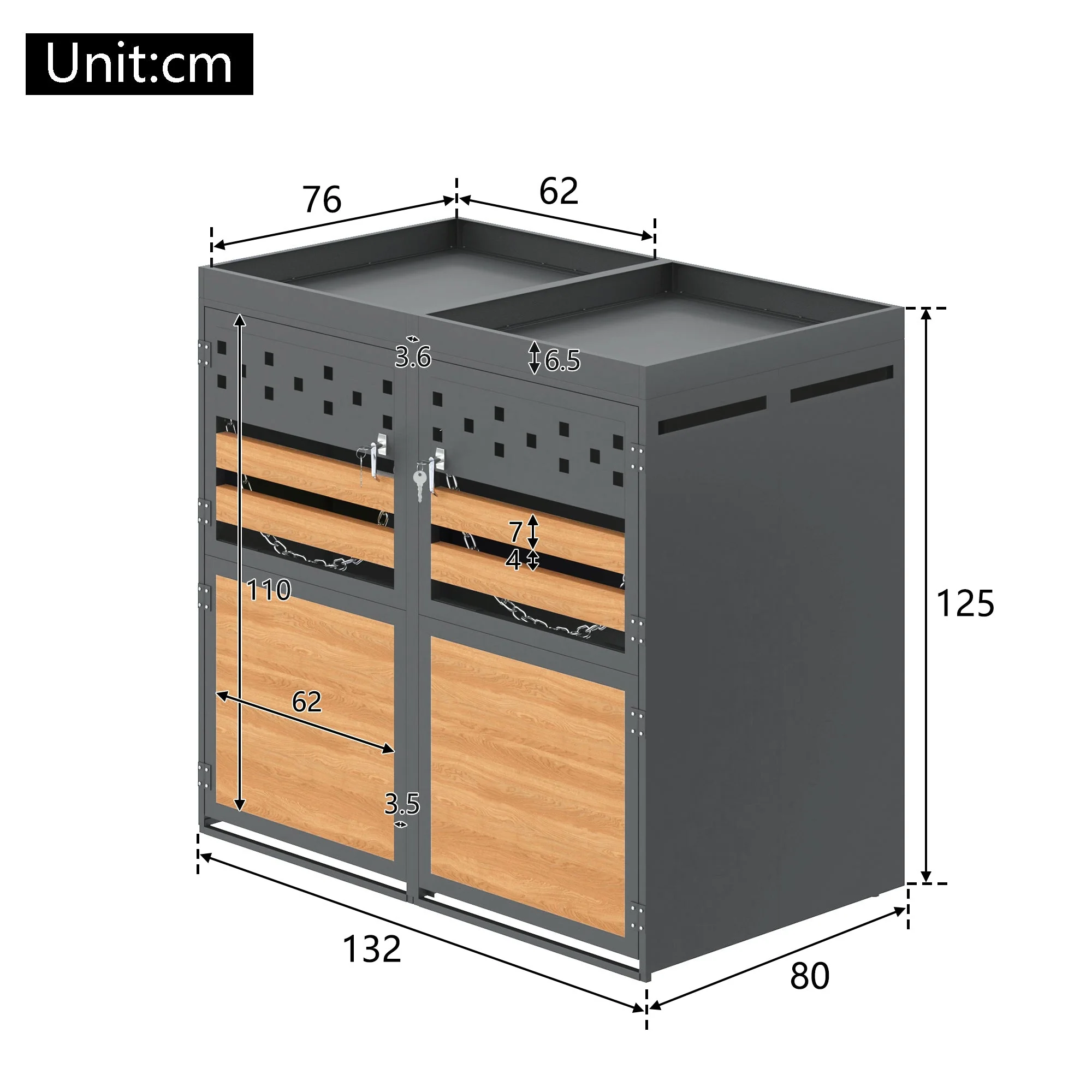 Garbage Can Storage Box for 2, with Planting Roof, 120-240 Liters, Anthracite Wood-Look - Image 5