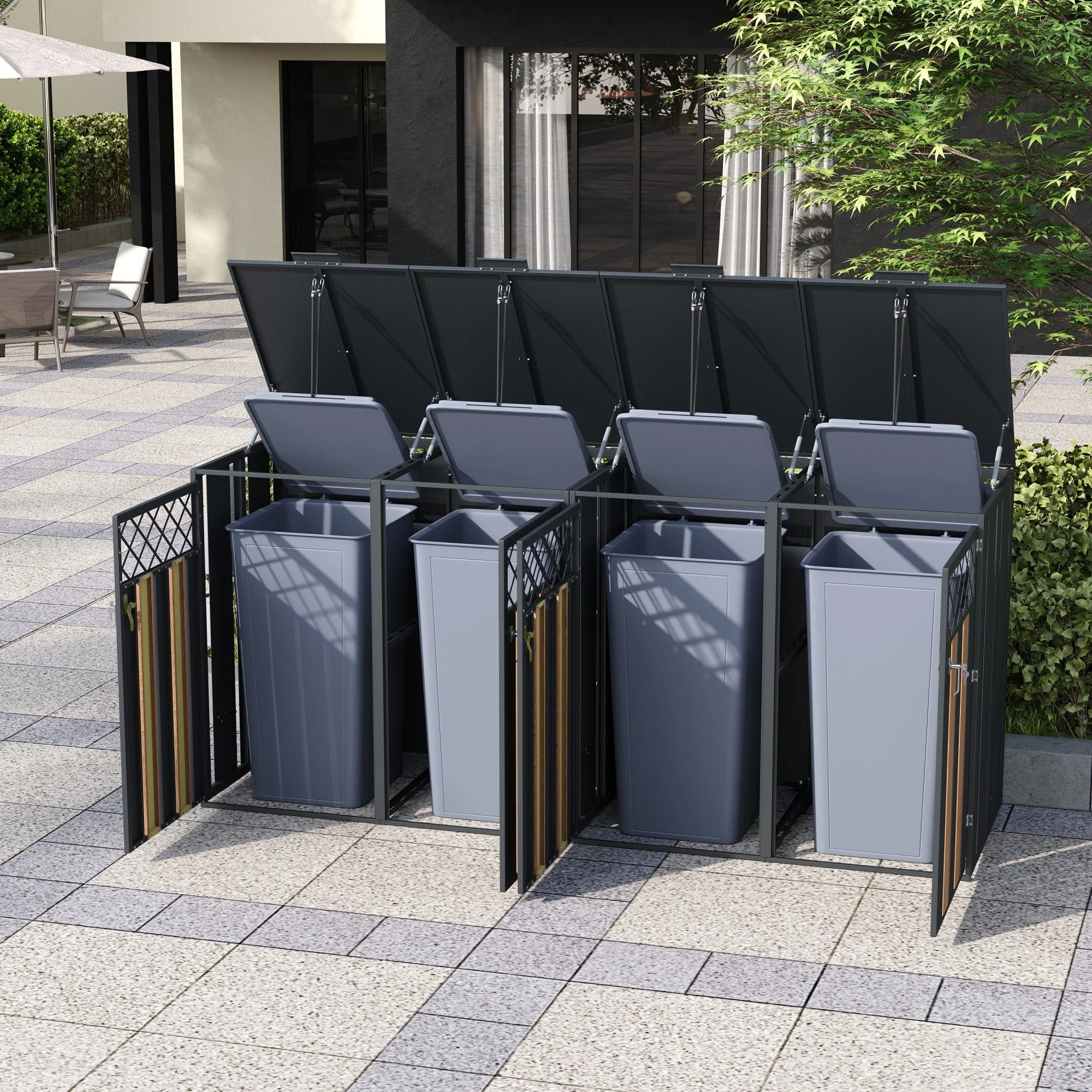 Garbage Can Storage Box with Hinged Lid and Lockable Double Doors, Metal - Image 3