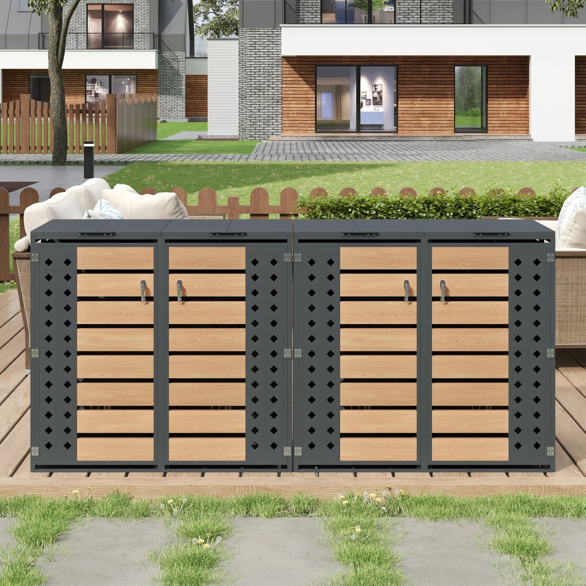 Garbage Can Storage Box with Hinged Lid, Lockable Four Doors, and Diamond-Shaped Hollow Panels, Metal - Image 5