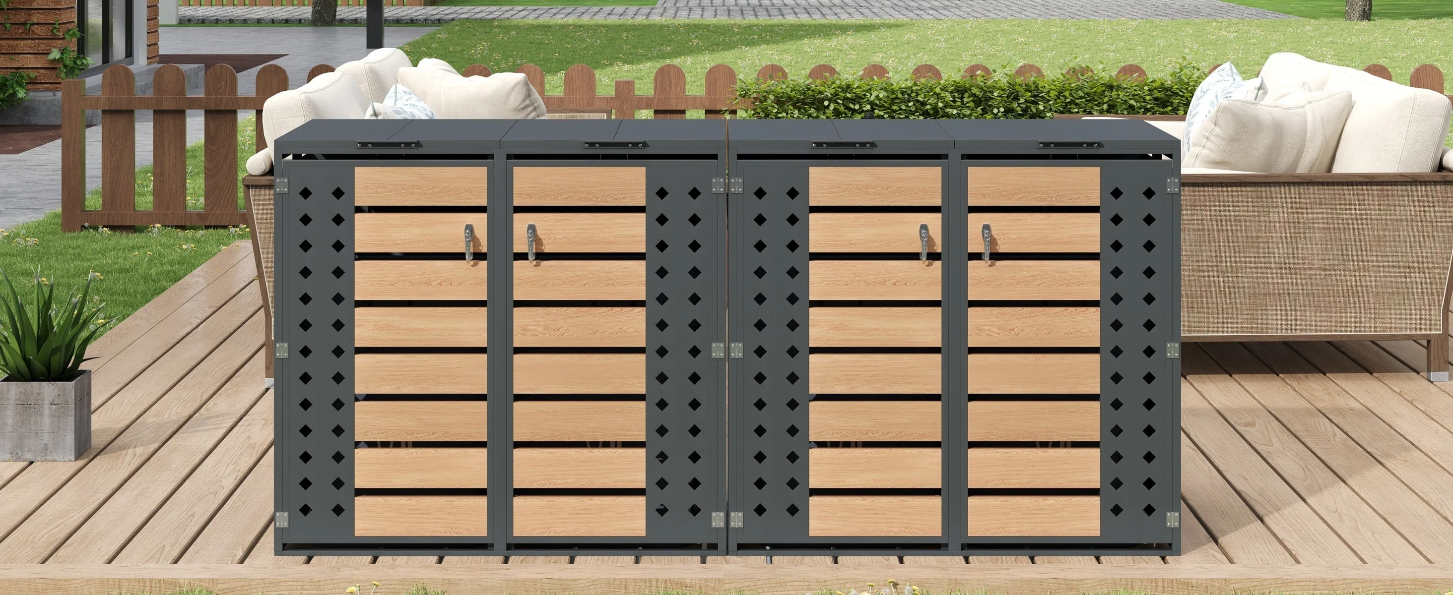 Garbage Can Storage Box with Hinged Lid, Lockable Four Doors, and Diamond-Shaped Hollow Panels, Metal - Image 7