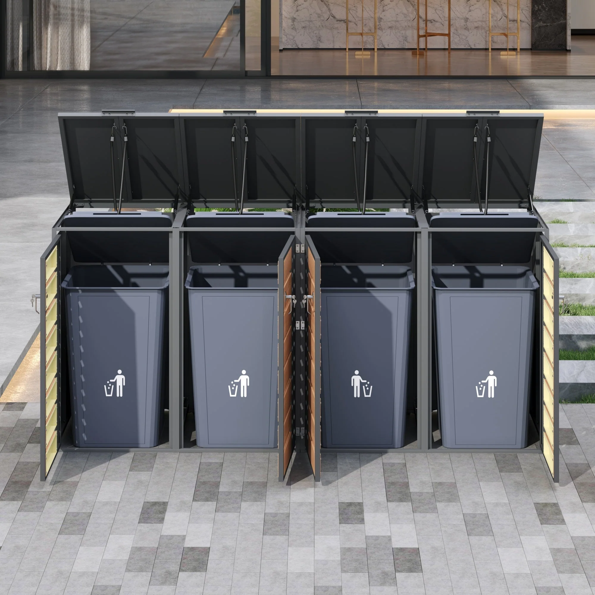 Garbage Can Storage Box with Hinged Lid, Lockable Four Doors, and Diamond-Shaped Hollow Panels, Metal - Image 9
