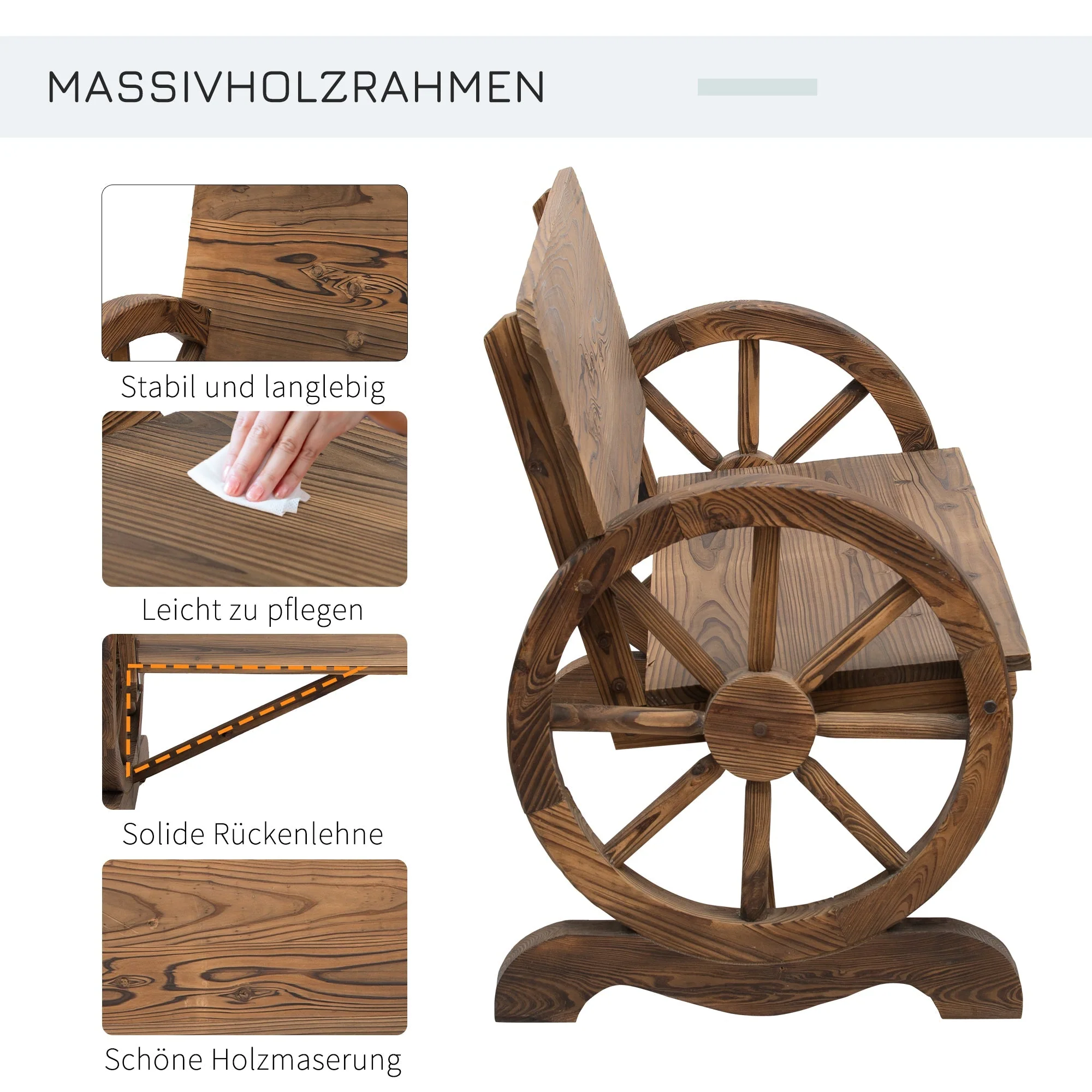 Garden Bench 2-Seater Rustic Wagon Wheel Design Solid Wood Brown - Image 3