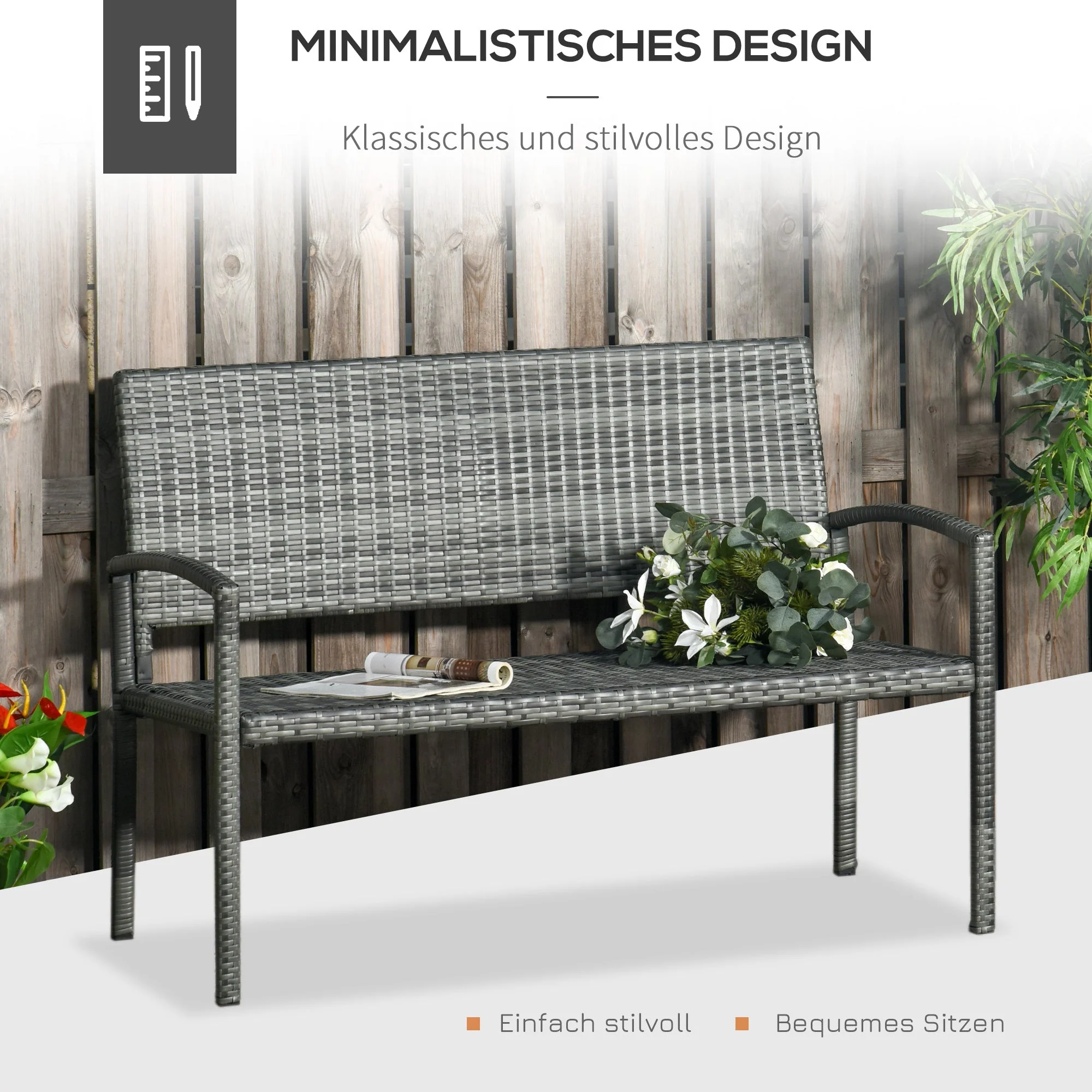 Garden Bench, Rattan Look 2-Seater Steel Frame 320kg Capacity, Grey - Image 5