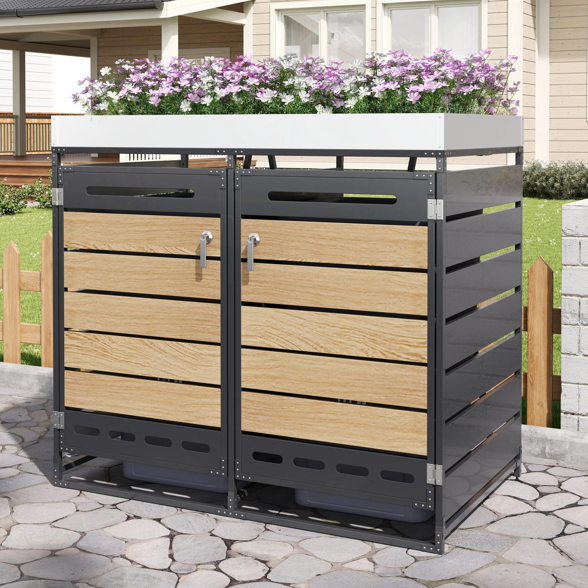 Garden Bin Storage with Planter Box, Slotted Ventilation and Lockable Door, Iron with Wood-Look Slats - Image 7