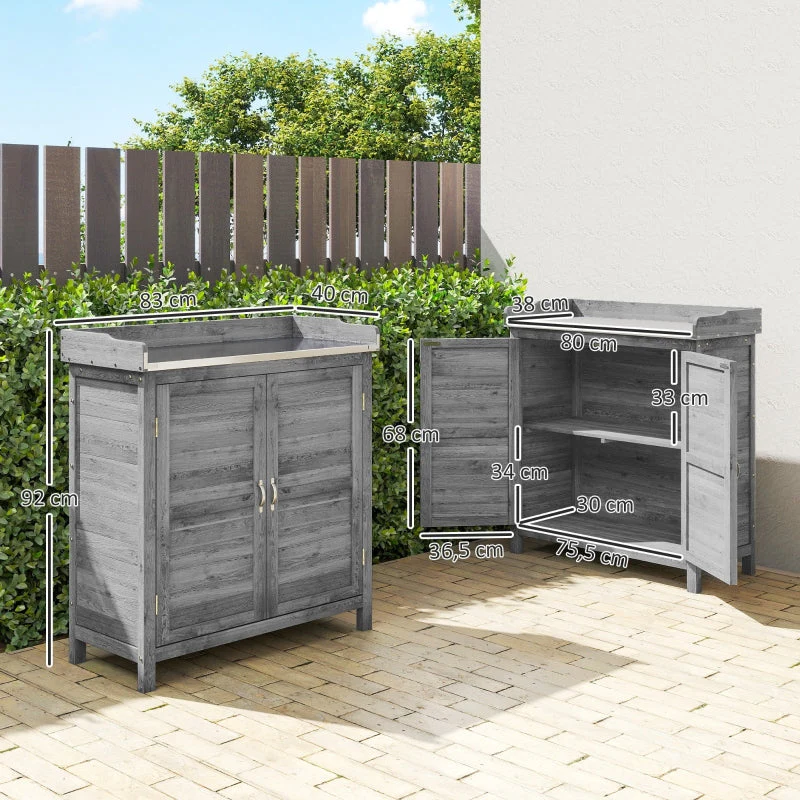 Garden Cabinet Tool Shed Potting Table Galvanized Worktop 2 Shelves - Grey - Image 3