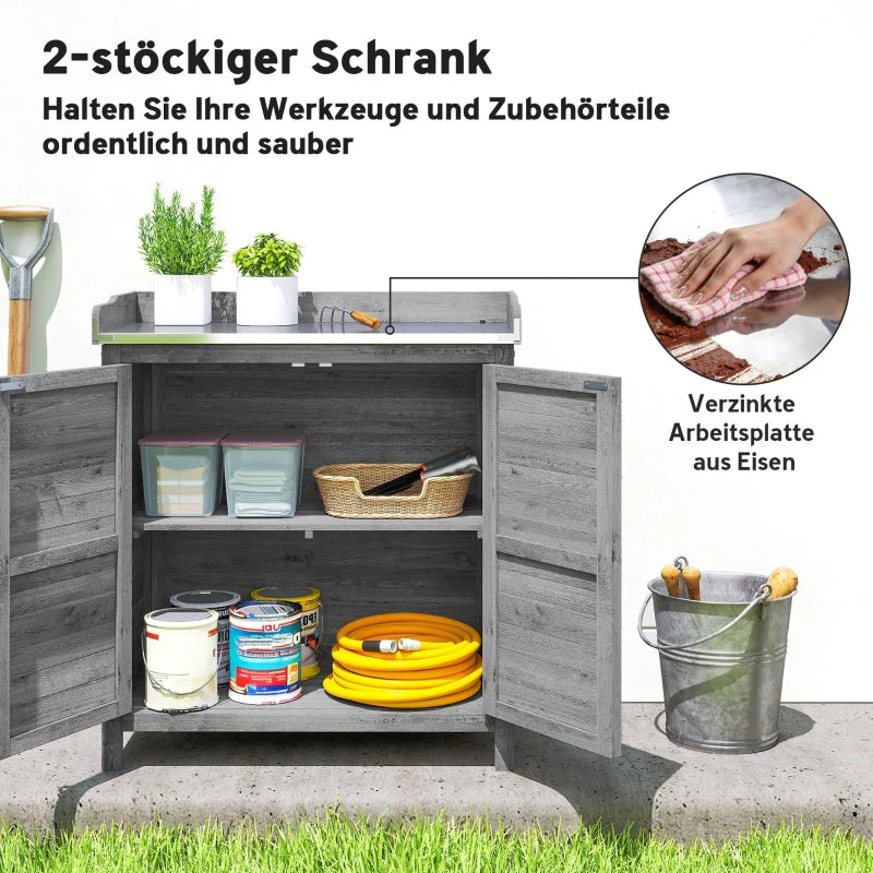 Garden Cabinet Tool Shed Potting Table Galvanized Worktop 2 Shelves - Grey - Image 4