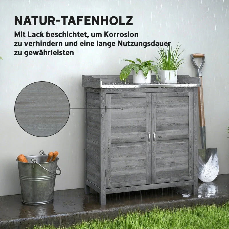 Garden Cabinet Tool Shed Potting Table Galvanized Worktop 2 Shelves - Grey - Image 5