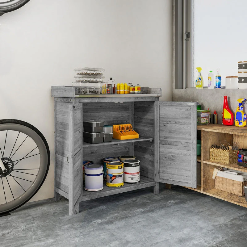 Garden Cabinet Tool Shed Potting Table Galvanized Worktop 2 Shelves - Grey - Image 7