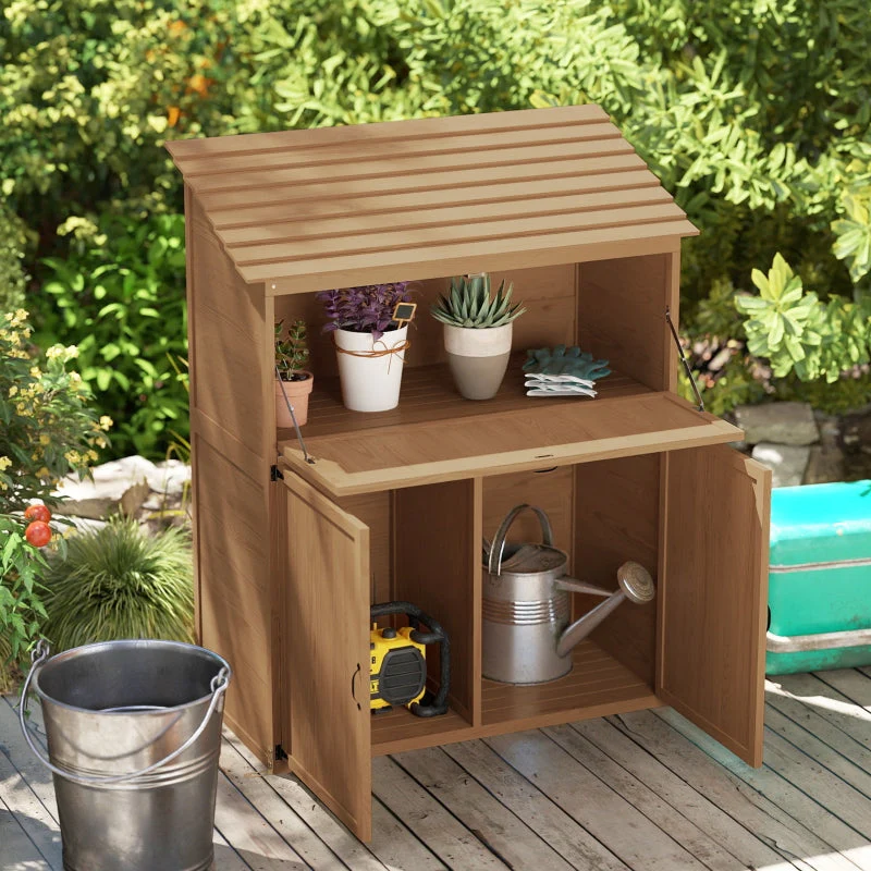 Garden Cabinet, Tool Shed with Folding Shelf & Double Doors, Natural Wood - Image 6