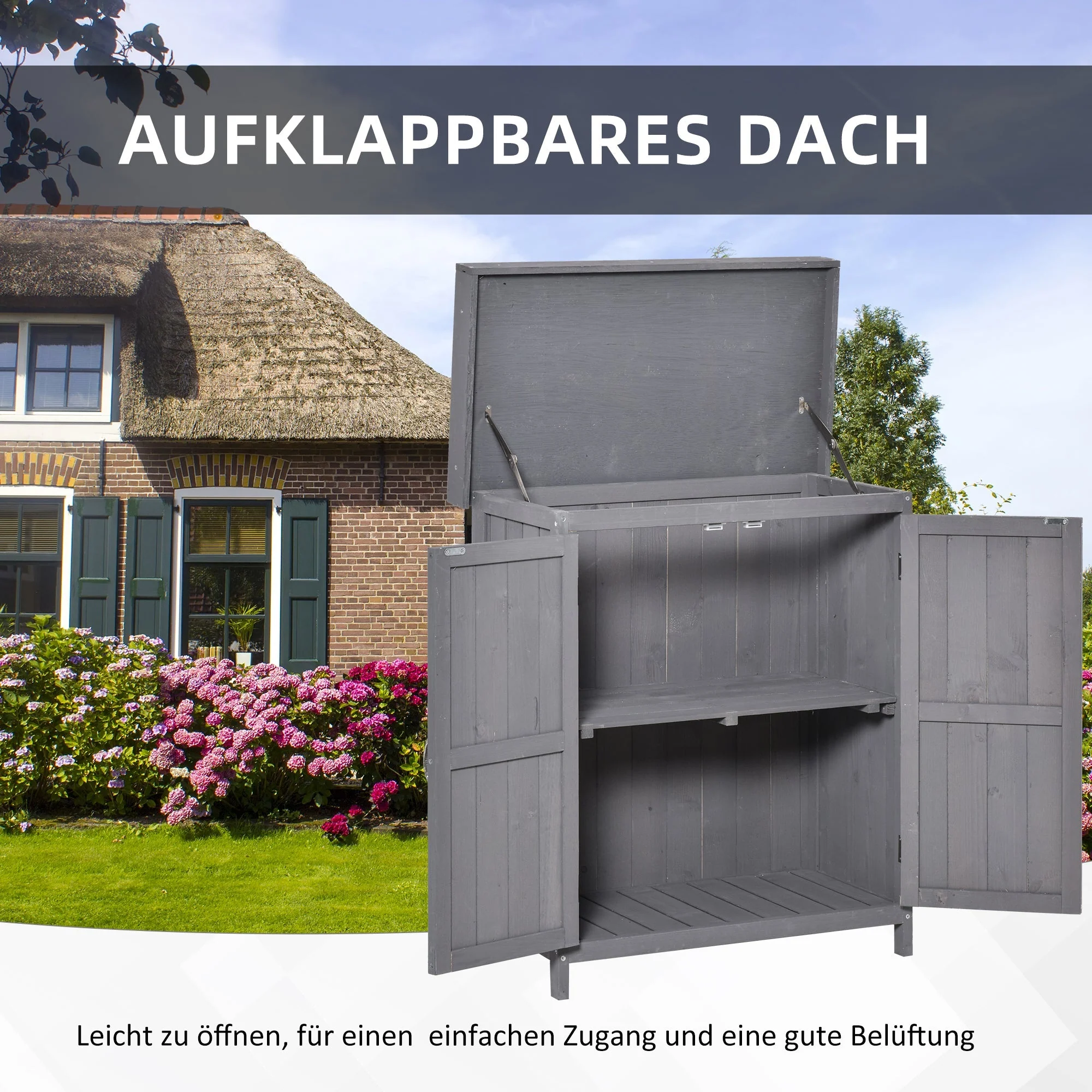 Garden Cabinet Weatherproof Tool Cabinet Double Door 2 Compartments Fir Wood Dark Grey - Image 5