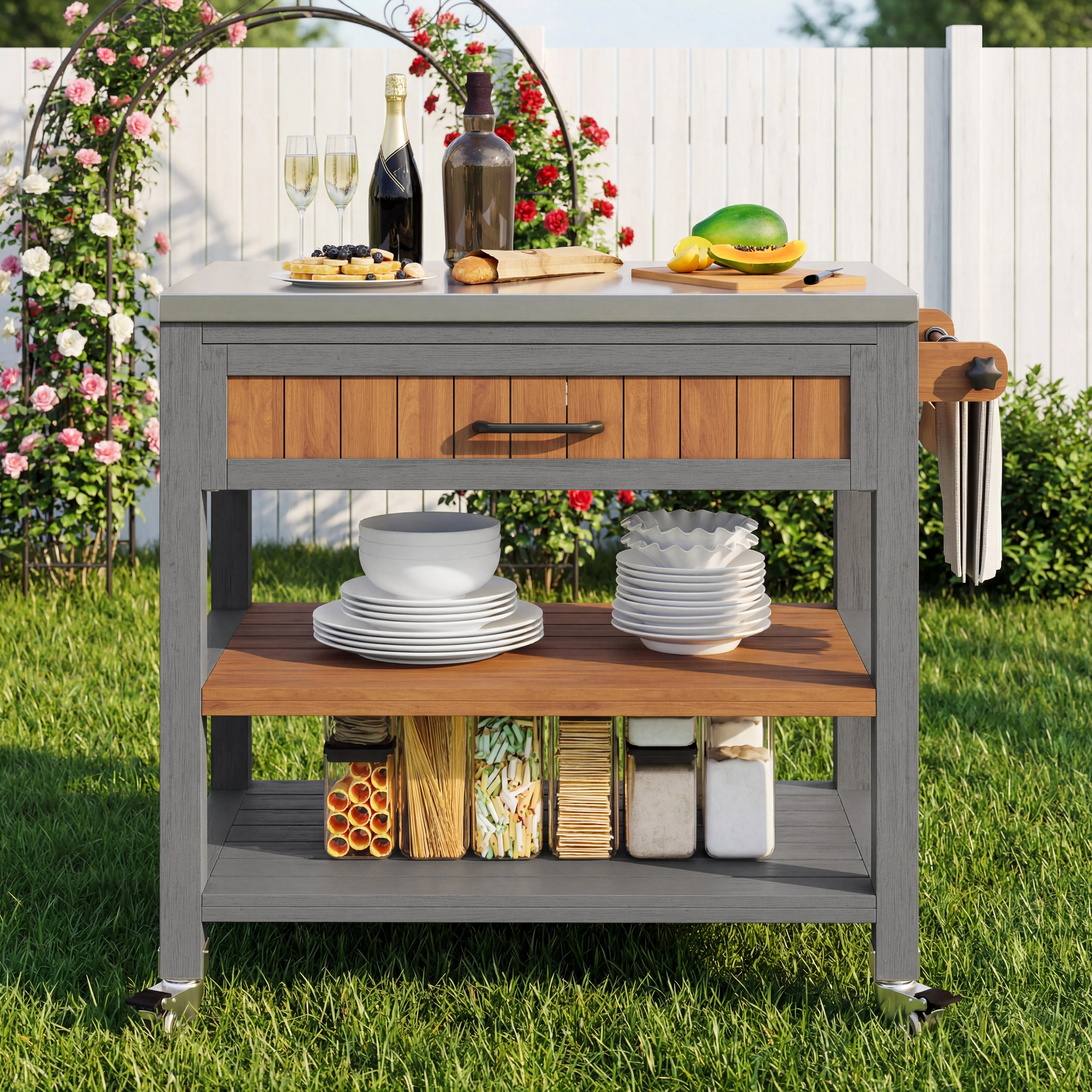 Garden Cabinet with Wheels, Drawer and Towel Rack, Stainless Steel Worktop - Image 2