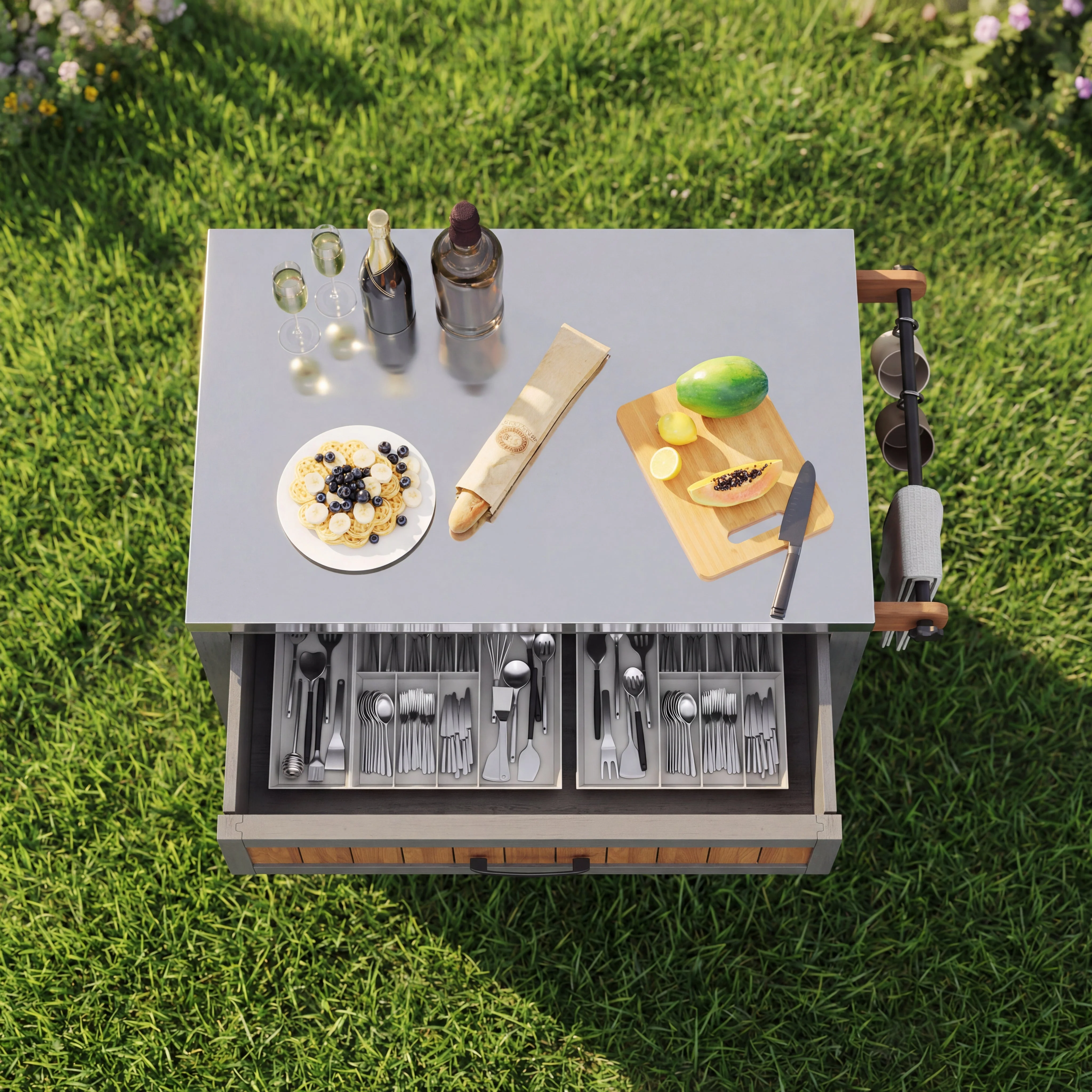 Garden Cabinet with Wheels, Drawer and Towel Rack, Stainless Steel Worktop - Image 3