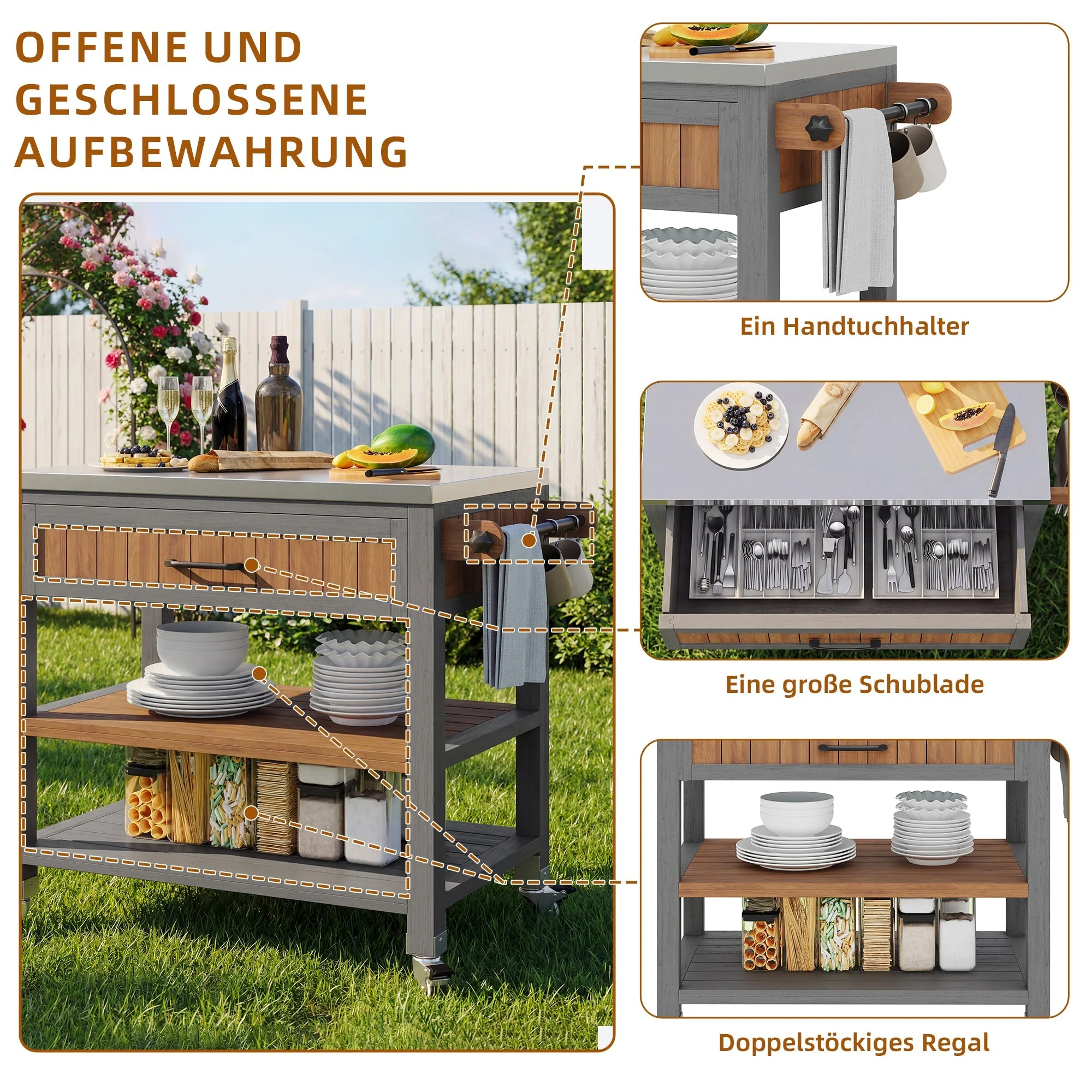Garden Cabinet with Wheels, Drawer and Towel Rack, Stainless Steel Worktop - Image 7