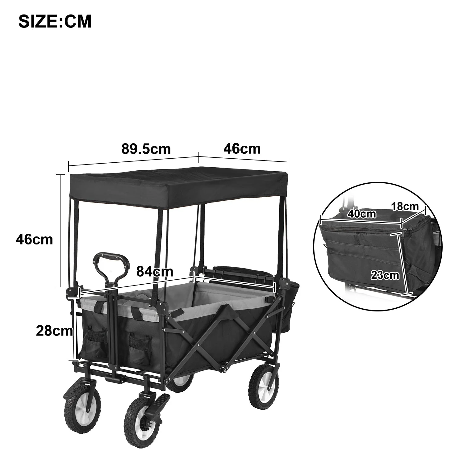 Garden Cart: Removable Canopy, Foldable Trolley Wagon, Front Cup Holder, Cooler Bag, Push Pull Handle, Hand Truck (Black) - Image 6