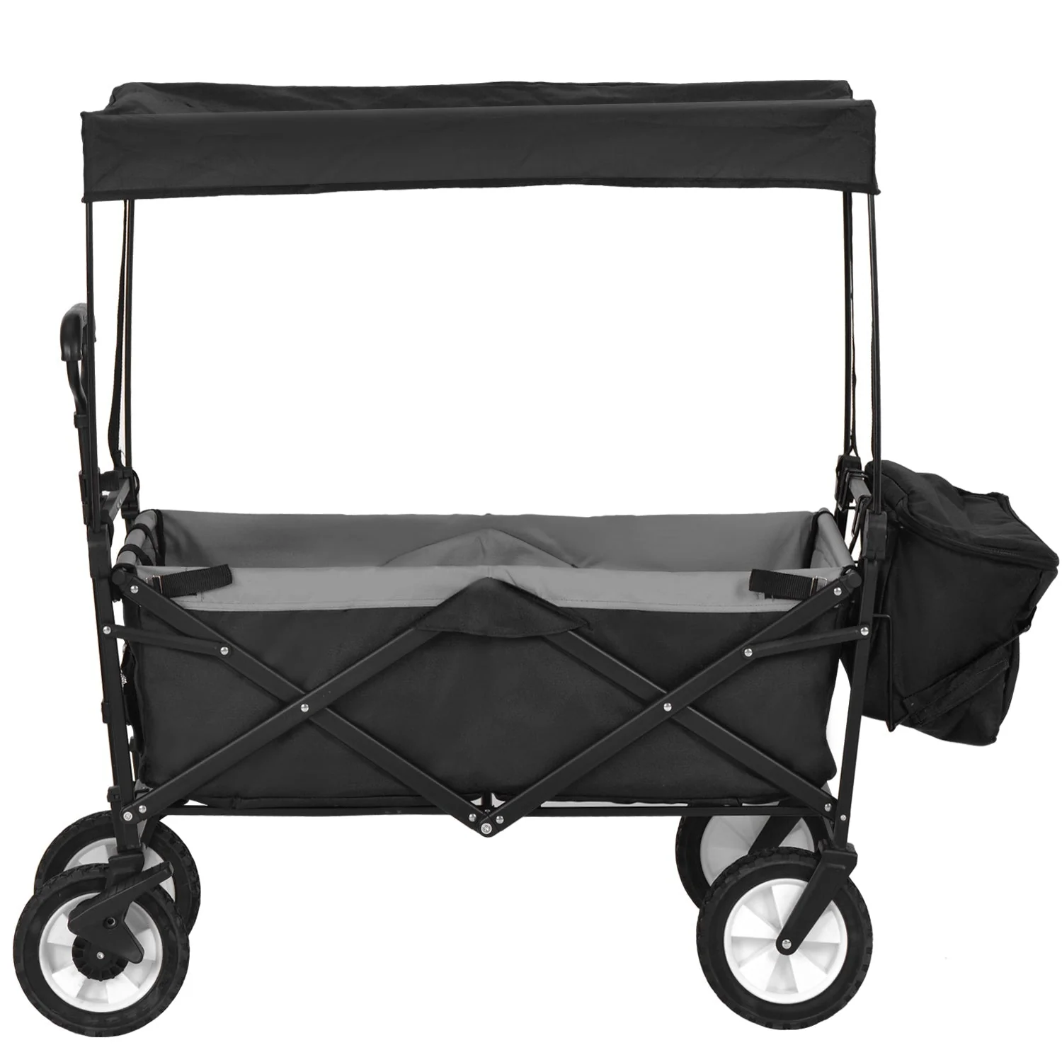 Garden Cart: Removable Canopy, Foldable Trolley Wagon, Front Cup Holder, Cooler Bag, Push Pull Handle, Hand Truck (Black) - Image 7