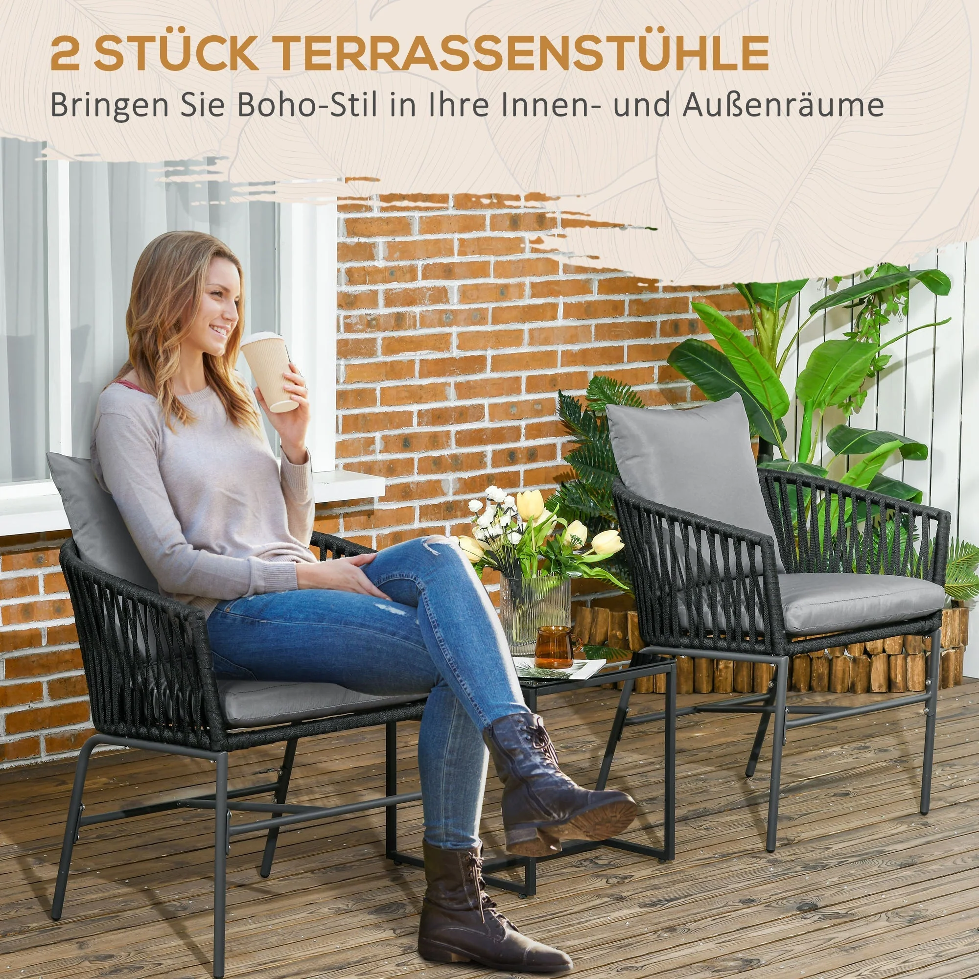 Garden Chairs Set of 2 Cushioned Boho Style Metal Frame, Black - Image 4