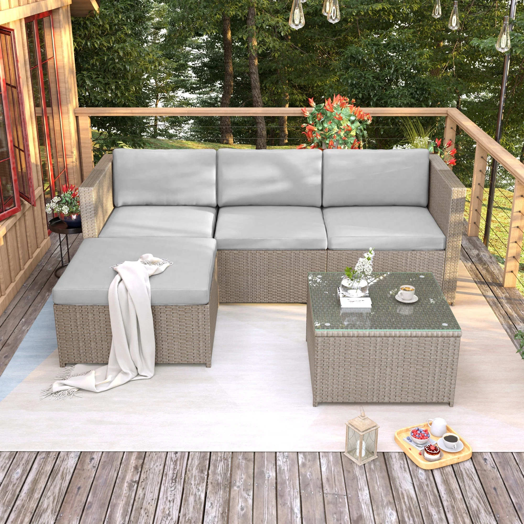 Garden Corner Sofa Rattan Patio Furniture Lounge Set, Khaki - Image 4