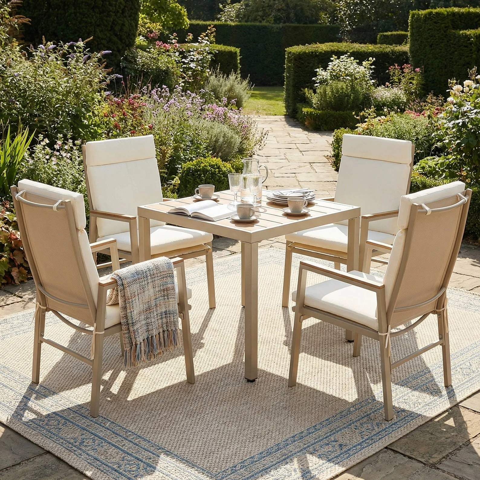 Garden Dining Set, 5 Pieces for 4 People with 1 Table and 4 Chairs, Khaki and Beige Plastic Wood - Image 3