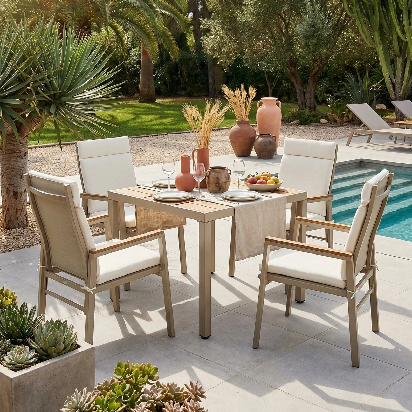 Garden Dining Set, 5 Pieces for 4 People with 1 Table and 4 Chairs, Khaki and Beige Plastic Wood - Image 4