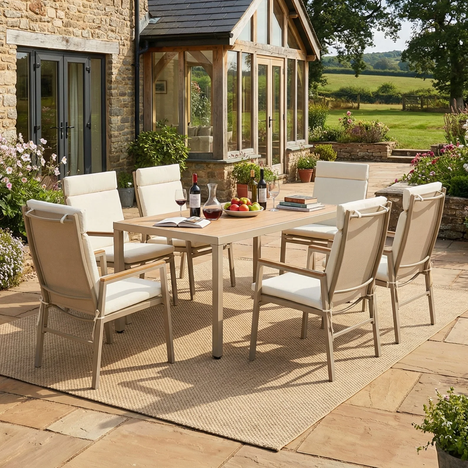 Garden Dining Set, 7-Piece Furniture Set for 6 People with 1 Table and 6 Chairs, Galvanized Iron and Plastic Wood, Khaki and Beige - Image 2