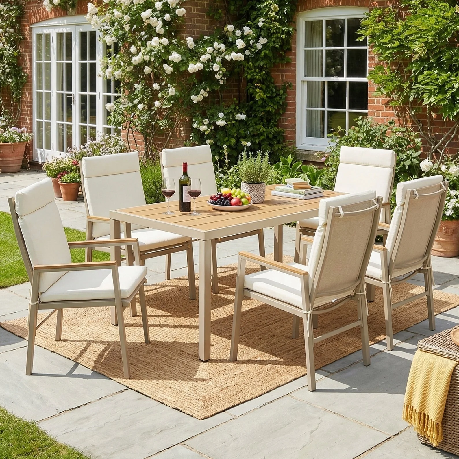 Garden Dining Set, 7-Piece Furniture Set for 6 People with 1 Table and 6 Chairs, Galvanized Iron and Plastic Wood, Khaki and Beige - Image 3