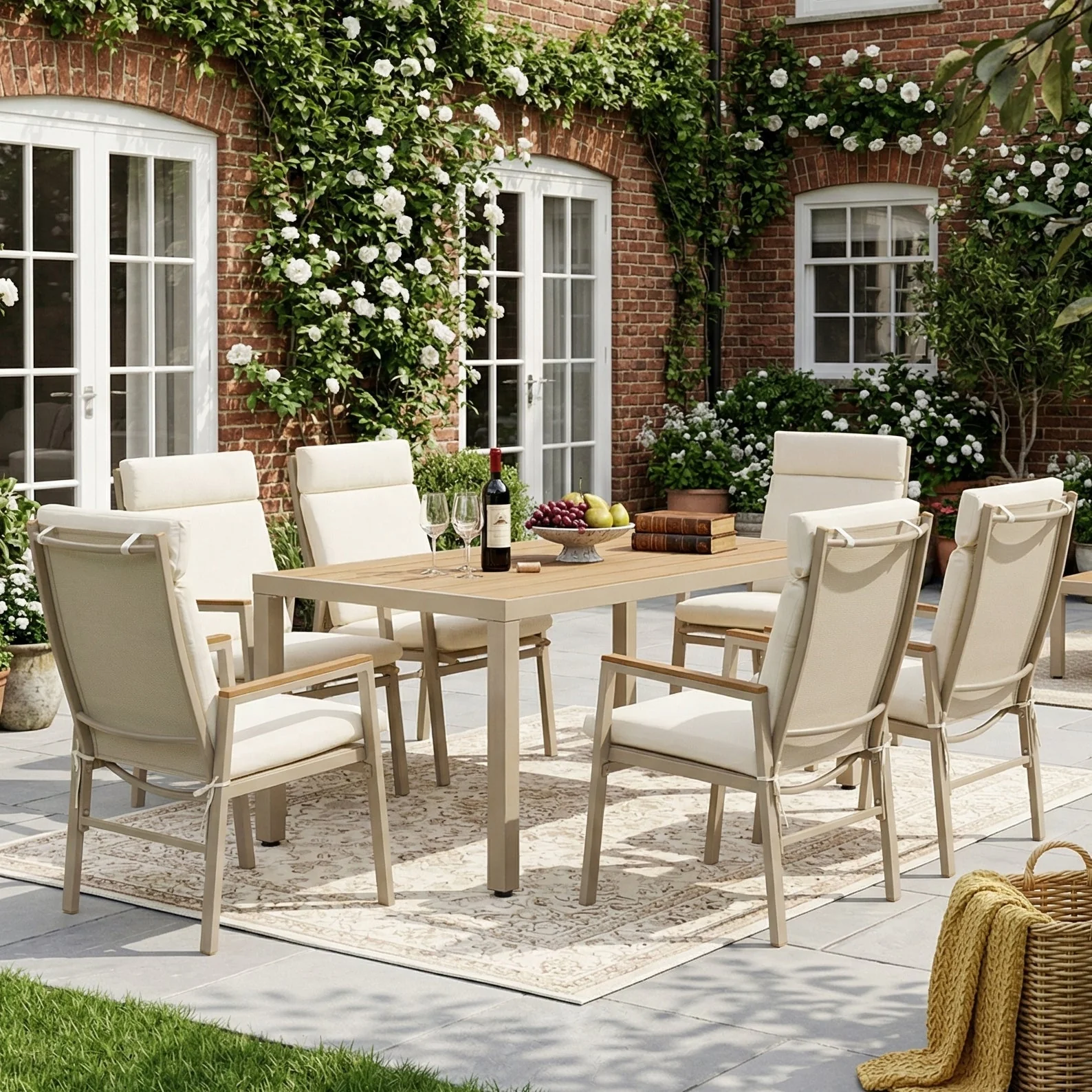 Garden Dining Set, 7-Piece Furniture Set for 6 People with 1 Table and 6 Chairs, Galvanized Iron and Plastic Wood, Khaki and Beige - Image 4