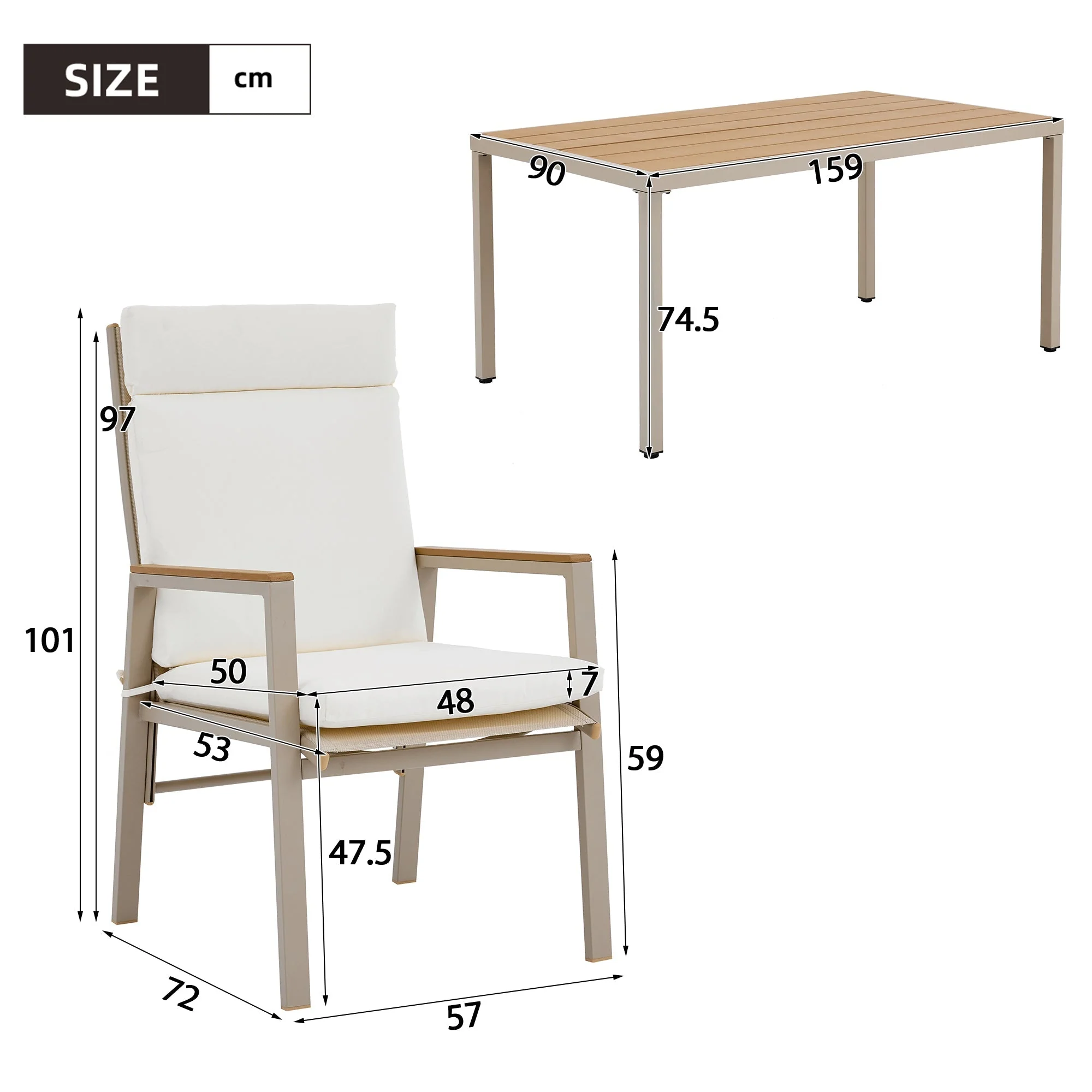 Garden Dining Set, 7-Piece Furniture Set for 6 People with 1 Table and 6 Chairs, Galvanized Iron and Plastic Wood, Khaki and Beige - Image 5