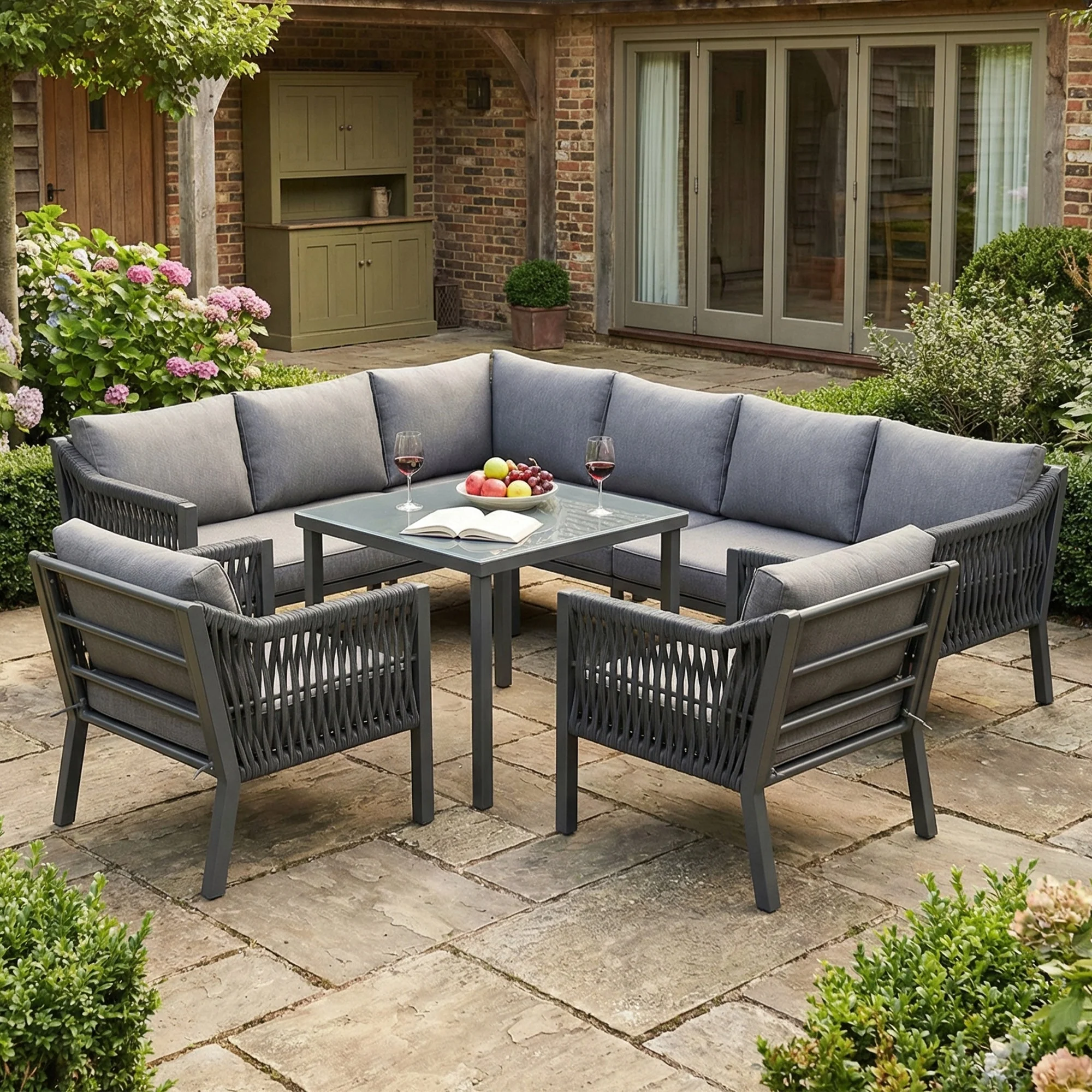Garden Dining Set, 8-Person Corner Sofa with Table and Armchairs, Grey Hand-Woven Rope and Galvanized Iron - Image 2