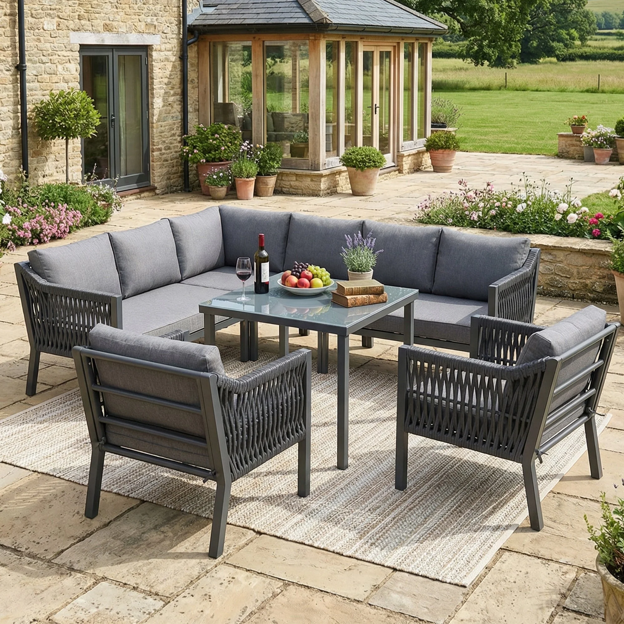 Garden Dining Set, 8-Person Corner Sofa with Table and Armchairs, Grey Hand-Woven Rope and Galvanized Iron - Image 3