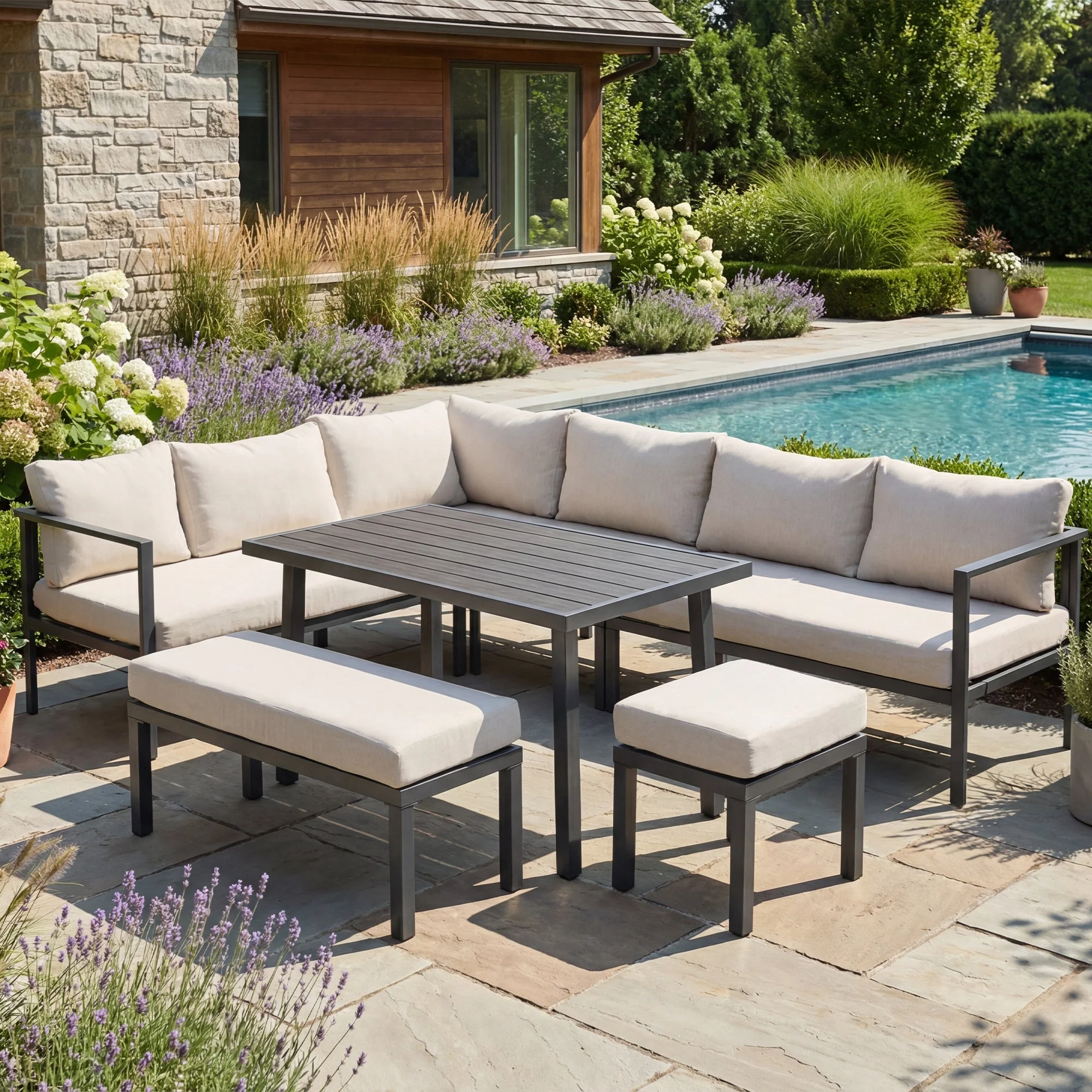 Garden Dining Set, 9-Person Corner Configuration with Table, Benches, Chairs and Sofas, Beige Plastic-Wood Tabletop