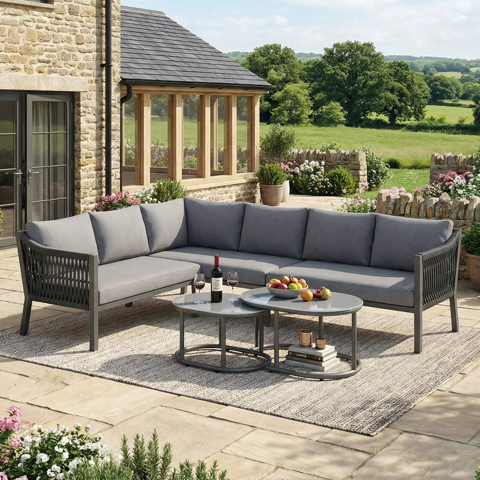 Garden Dining Set for 6 People with Corner Sofa and Two Coffee Tables, Hand-Woven Rope and Galvanized Iron, Grey - Image 4