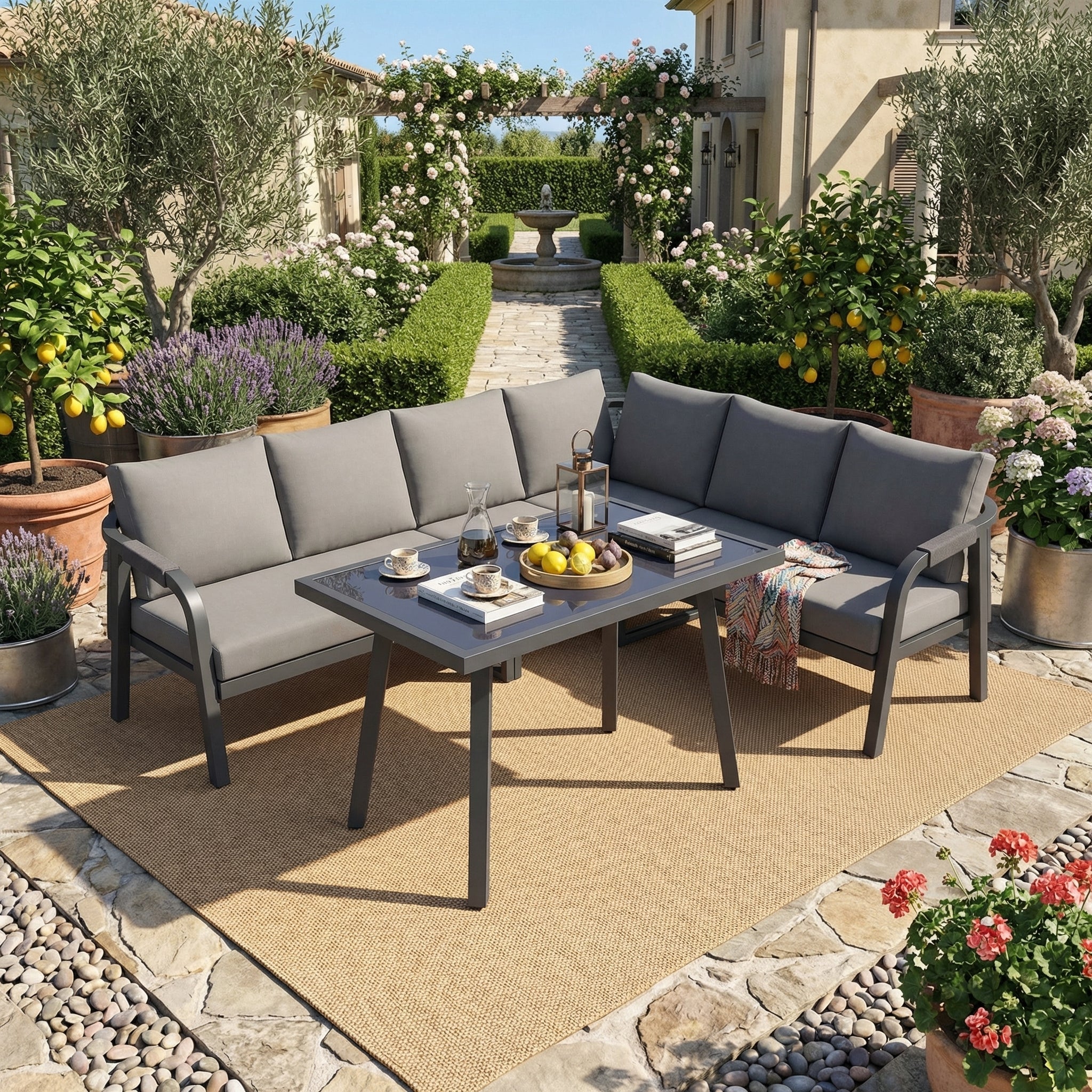 Garden Dining Set, Seats 6 with Corner Sofa and Dining Table, Grey Wicker and Galvanized Steel - Image 2
