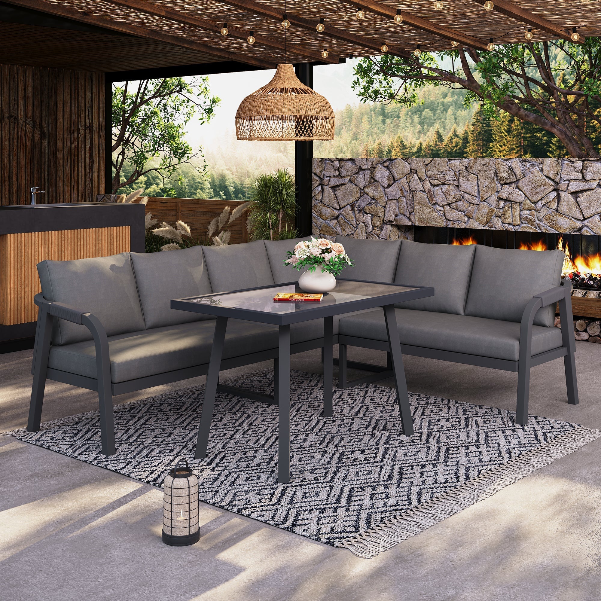 Garden Dining Set, Seats 6 with Corner Sofa and Dining Table, Grey Wicker and Galvanized Steel - Image 3