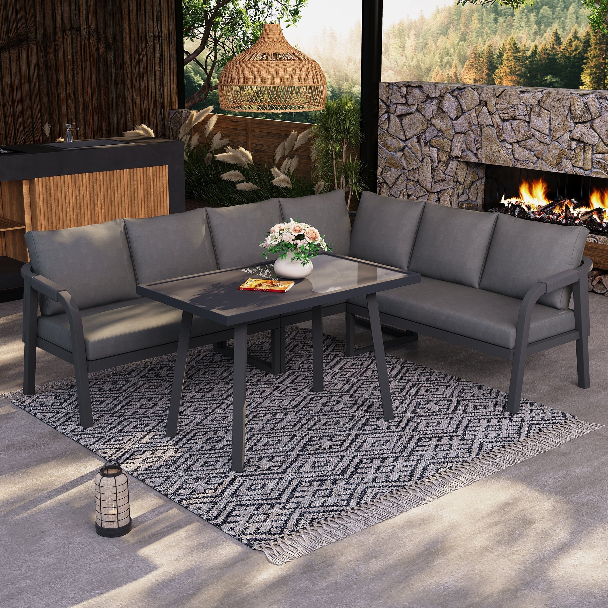 Garden Dining Set, Seats 6 with Corner Sofa and Dining Table, Grey Wicker and Galvanized Steel - Image 4