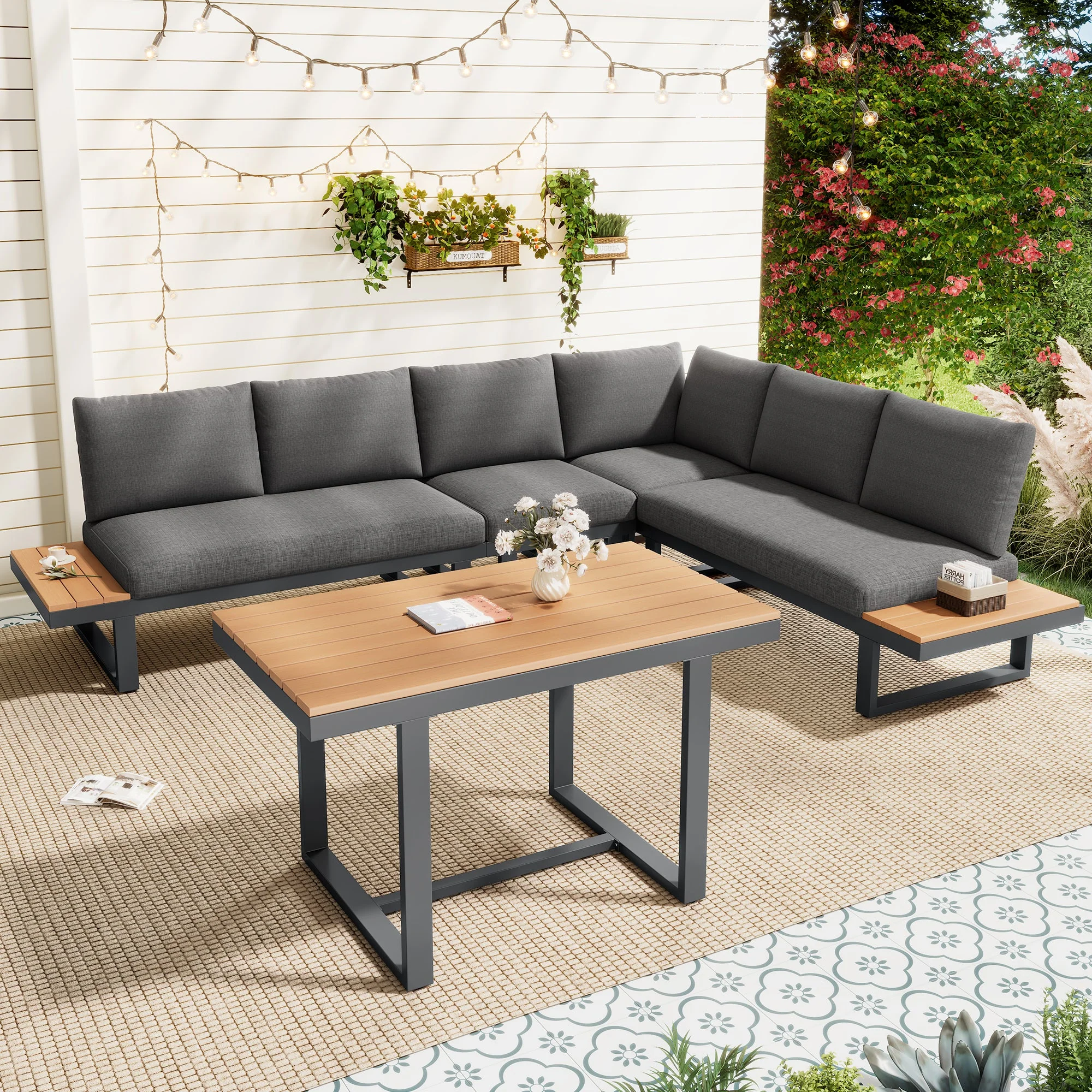 Garden Dining Set with Adjustable Tilt Function and Corner Configuration, Grey and Black - Image 2