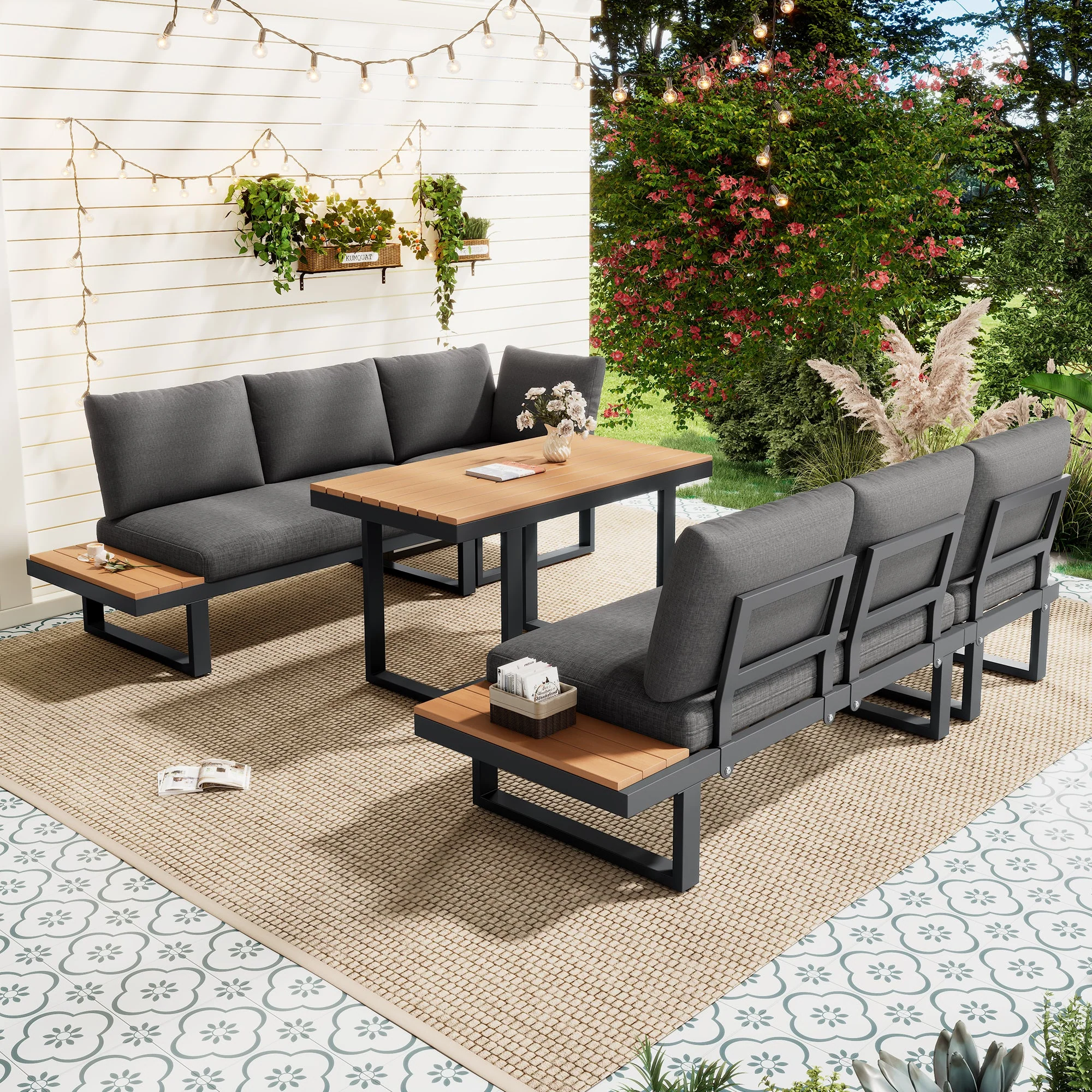 Garden Dining Set with Adjustable Tilt Function and Corner Configuration, Grey and Black - Image 3