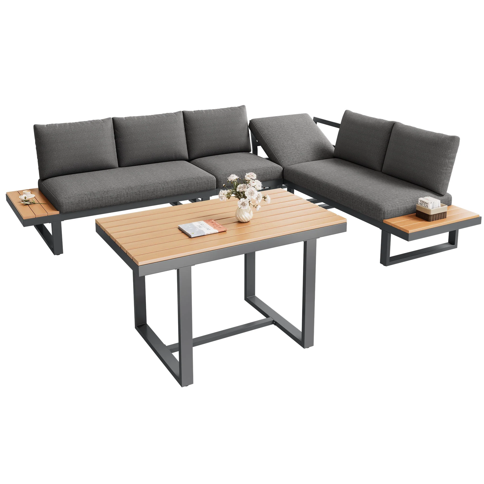 Garden Dining Set with Adjustable Tilt Function and Corner Configuration, Grey and Black - Image 9