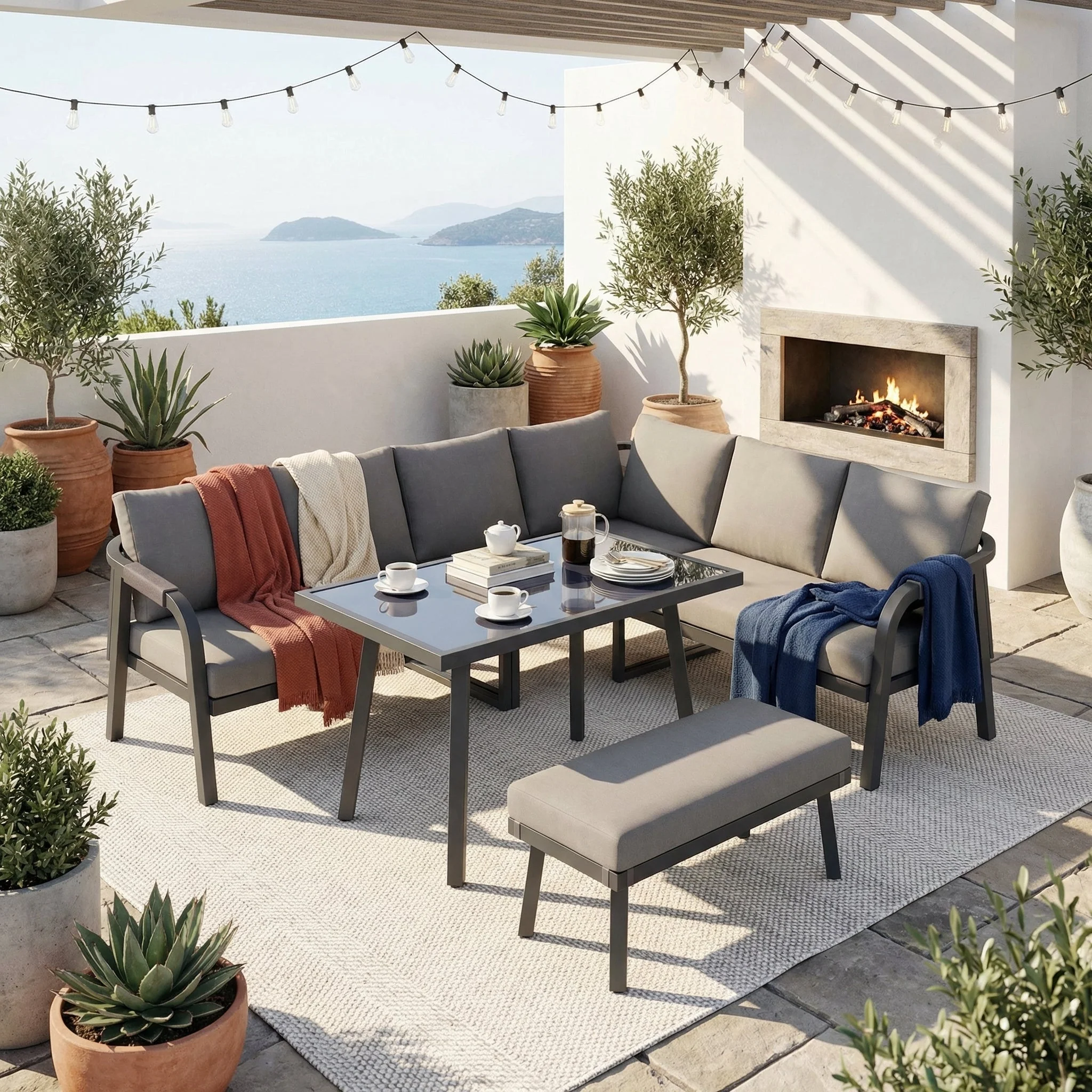 Garden Dining Set with Corner Sofa, Table and Bench, Seats 8, Grey Woven Steel - Image 2