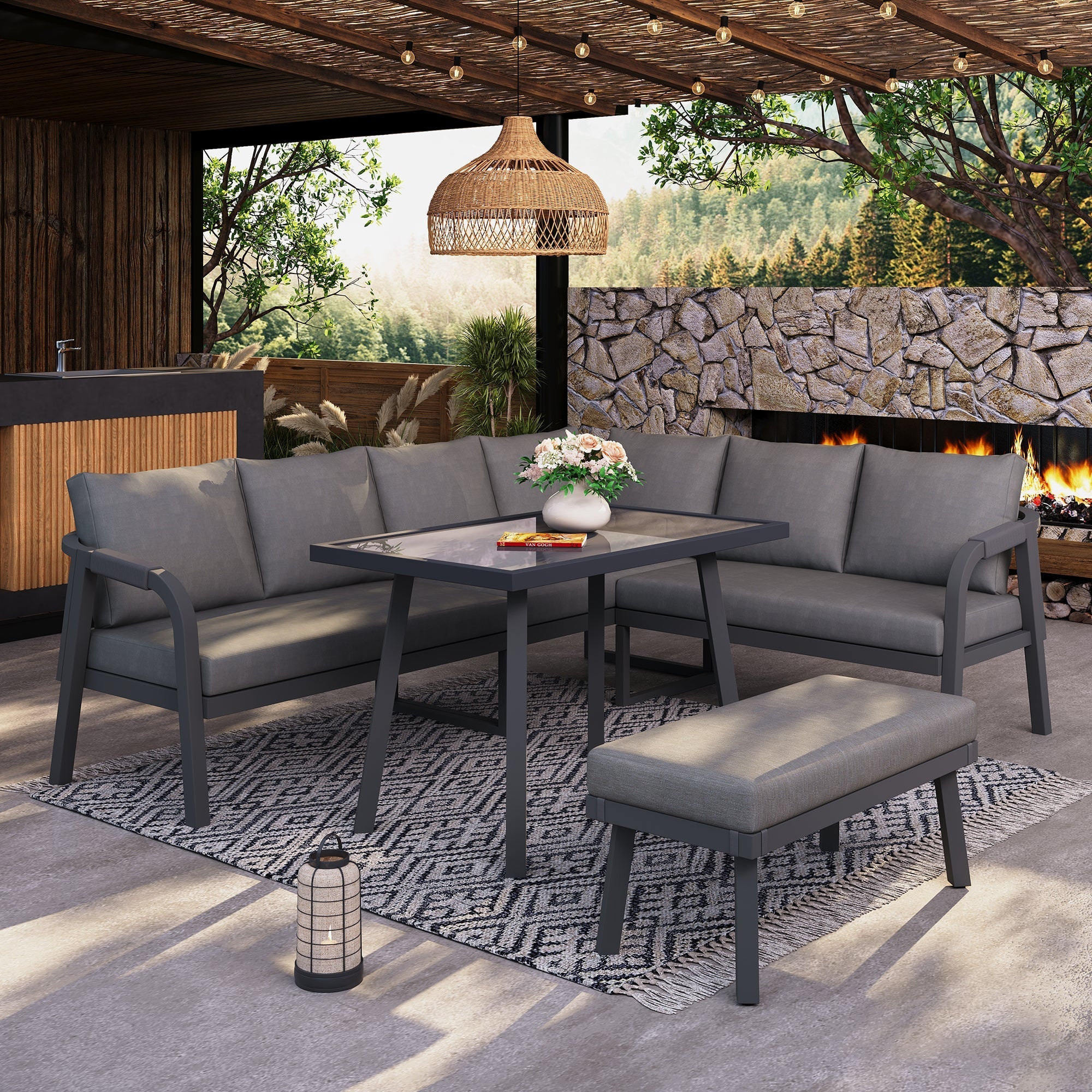 Garden Dining Set with Corner Sofa, Table and Bench, Seats 8, Grey Woven Steel - Image 3
