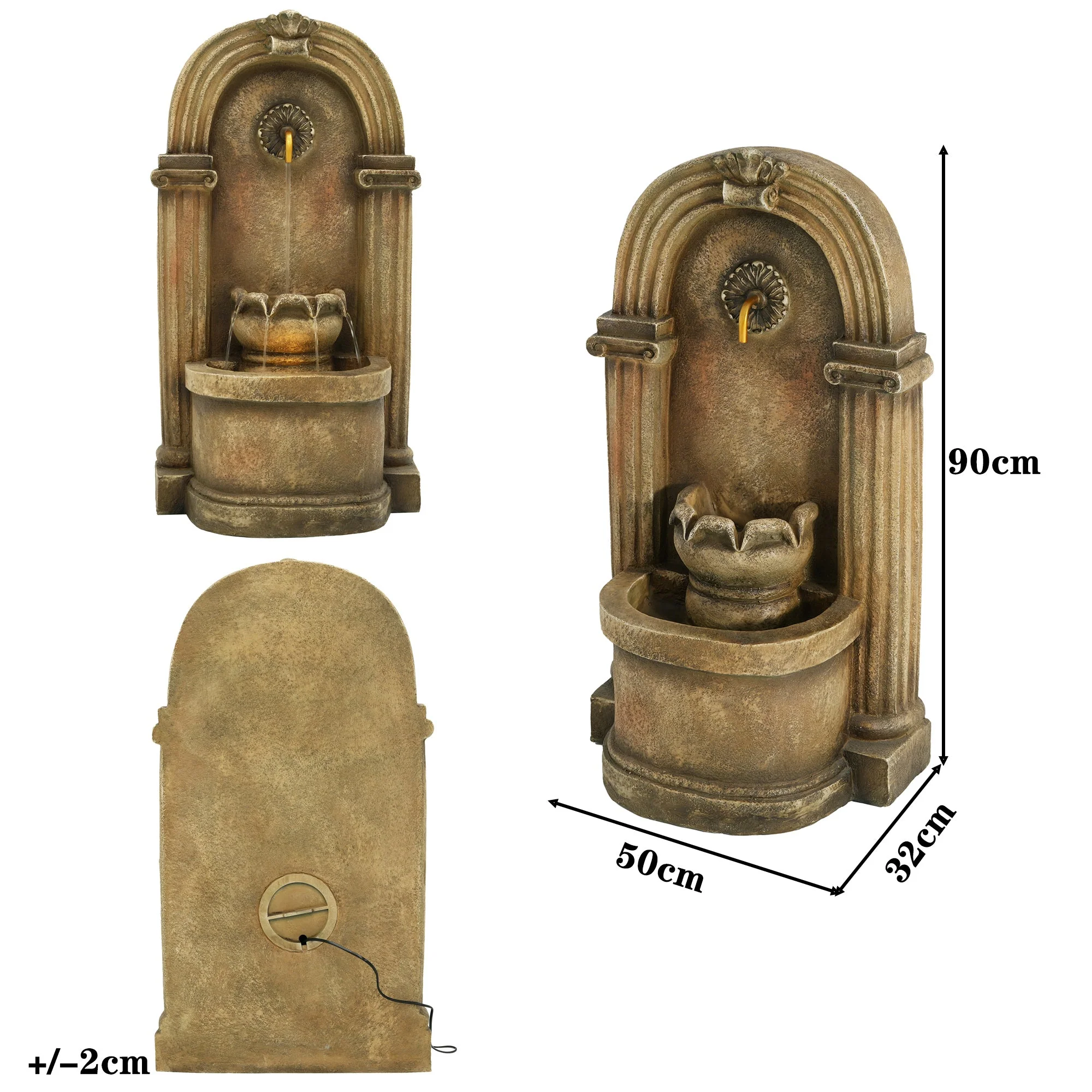 Garden Fountain with 230V Waterfall and Arched Design, Antique Style Metal - Image 3
