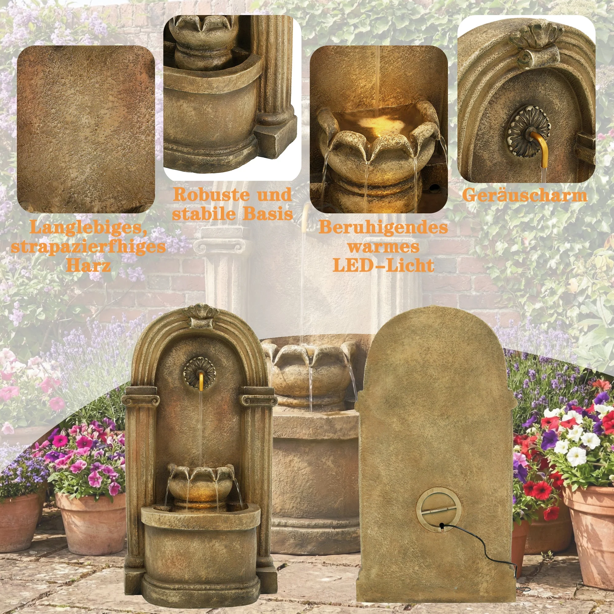 Garden Fountain with 230V Waterfall and Arched Design, Antique Style Metal - Image 5
