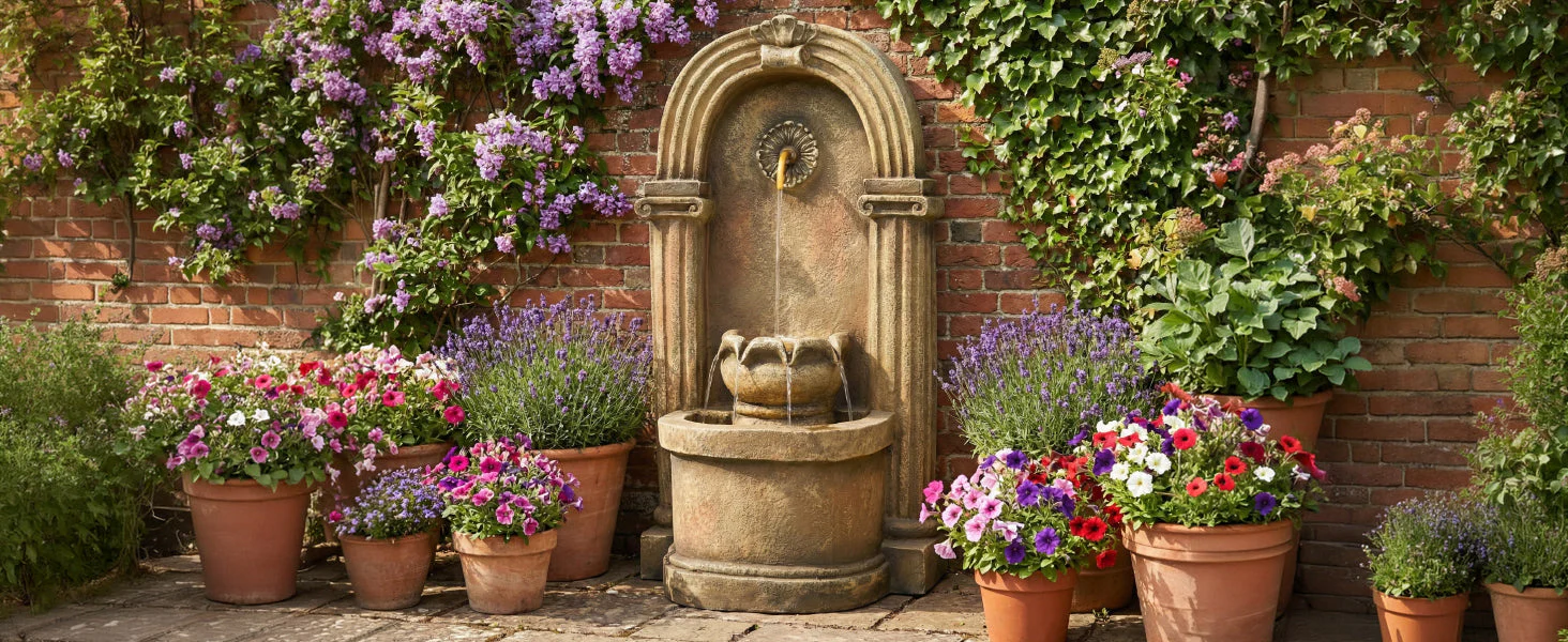 Garden Fountain with 230V Waterfall and Arched Design, Antique Style Metal - Image 9