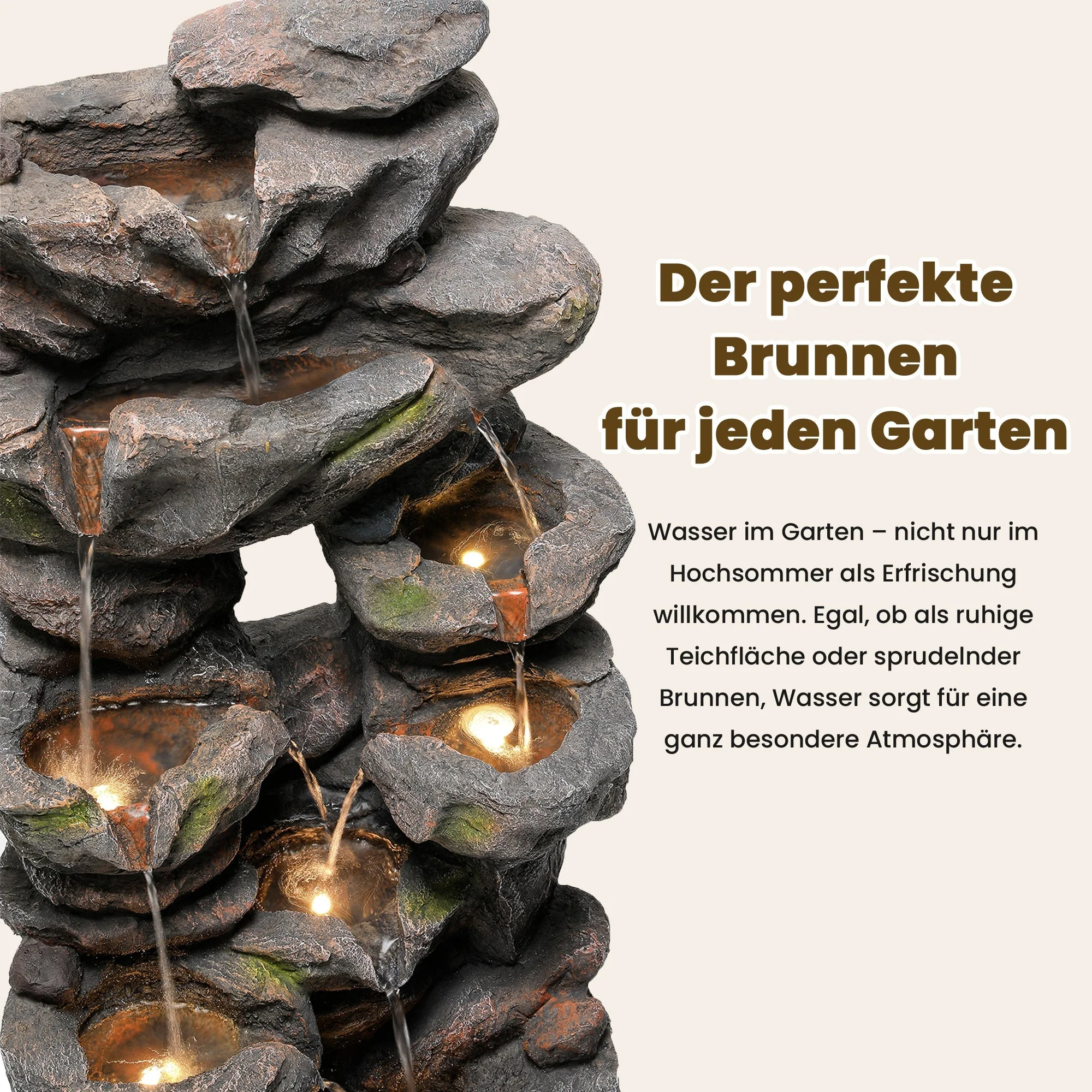 Garden Fountain with LED Lighting, Water Pump and Decorative Basin, Artificial Stone Grey - Image 5