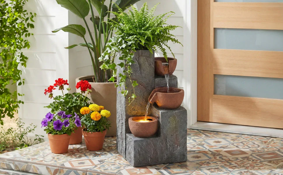 Garden Fountain with Three-Tier Waterfall and Antique Standing Basin, 230V Metal Finish - Image 10