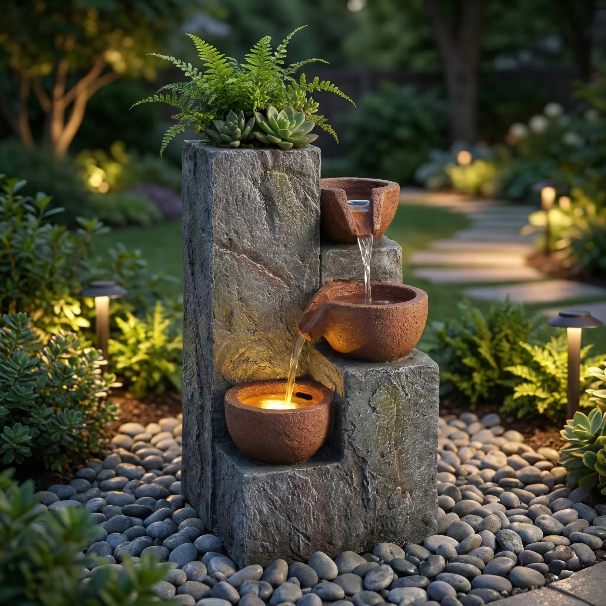Garden Fountain with Three-Tier Waterfall and Antique Standing Basin, 230V Metal Finish - Image 3